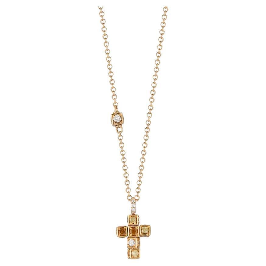 Cross Pendant in 18K Yellow Gold with White Diamonds and Yellow Sapphires For Sale
