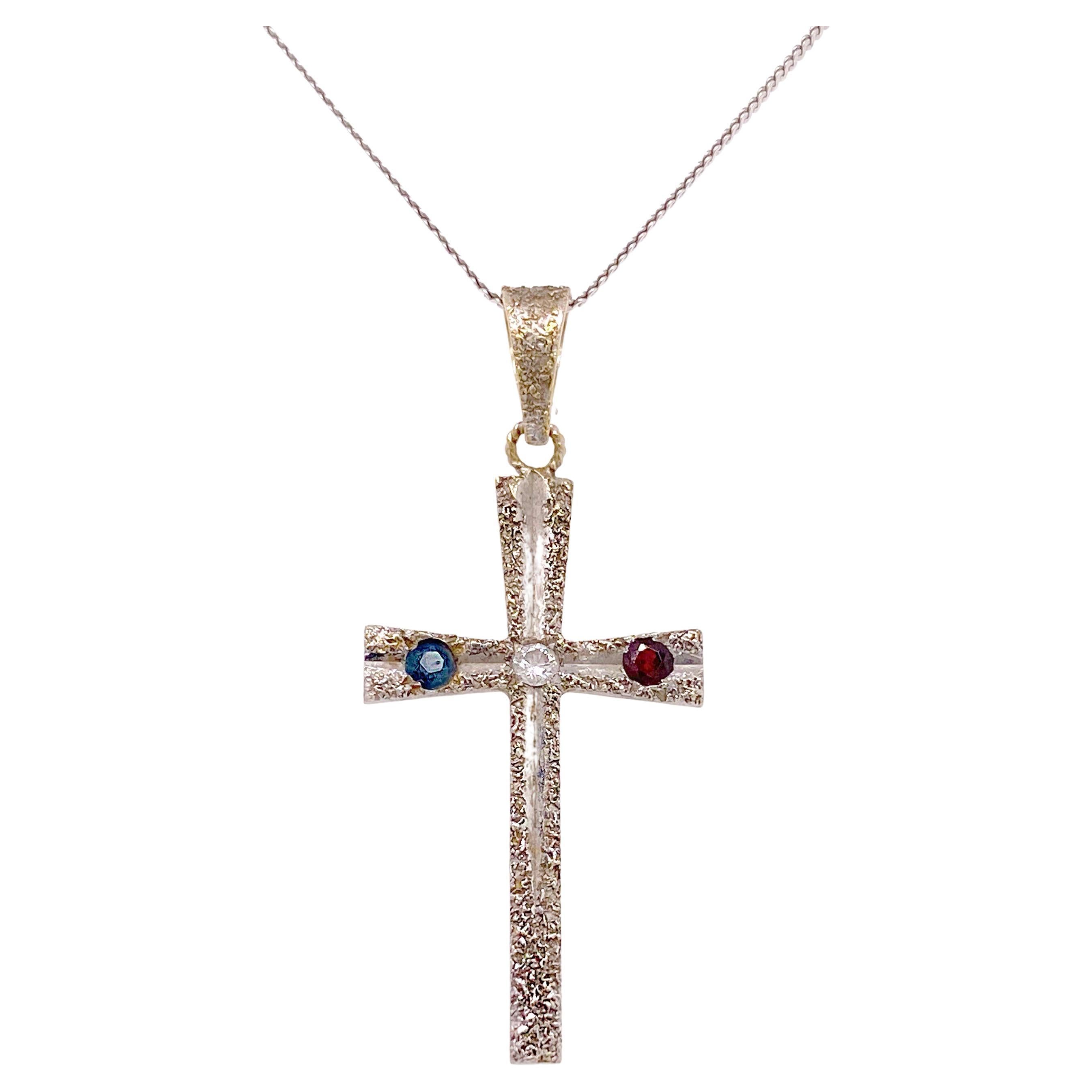 Cross Pendant Necklace with Sapphire, Diamond, Ruby, White Gold, American Cross