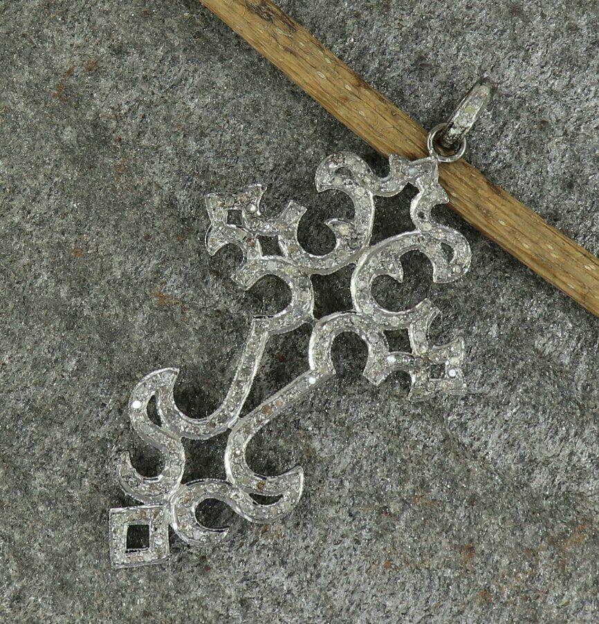 Art Deco Cross Pendant Pave Diamond 925 Silver Religious Diamond Necklace For Sale
