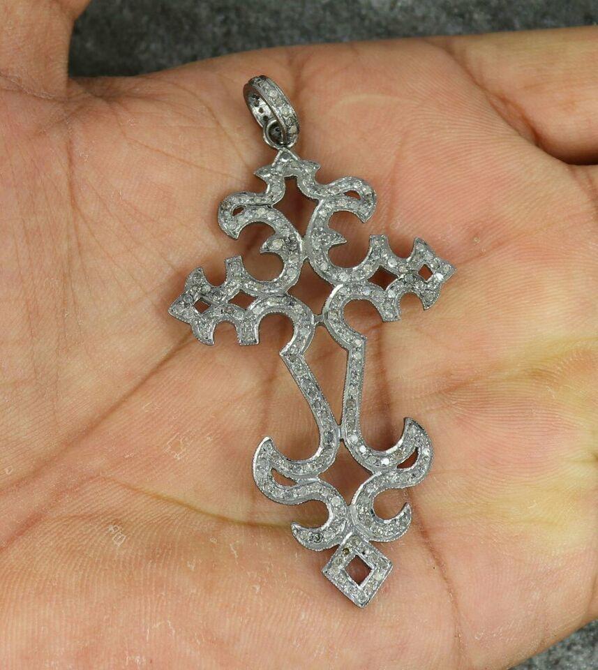 Women's or Men's Cross Pendant Pave Diamond 925 Silver Religious Diamond Necklace For Sale