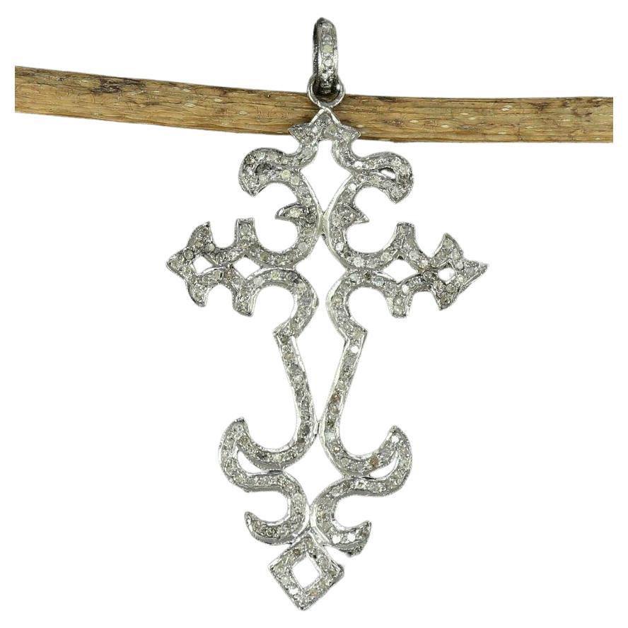 Cross Pendant Pave Diamond 925 Silver Religious Diamond Necklace For Sale