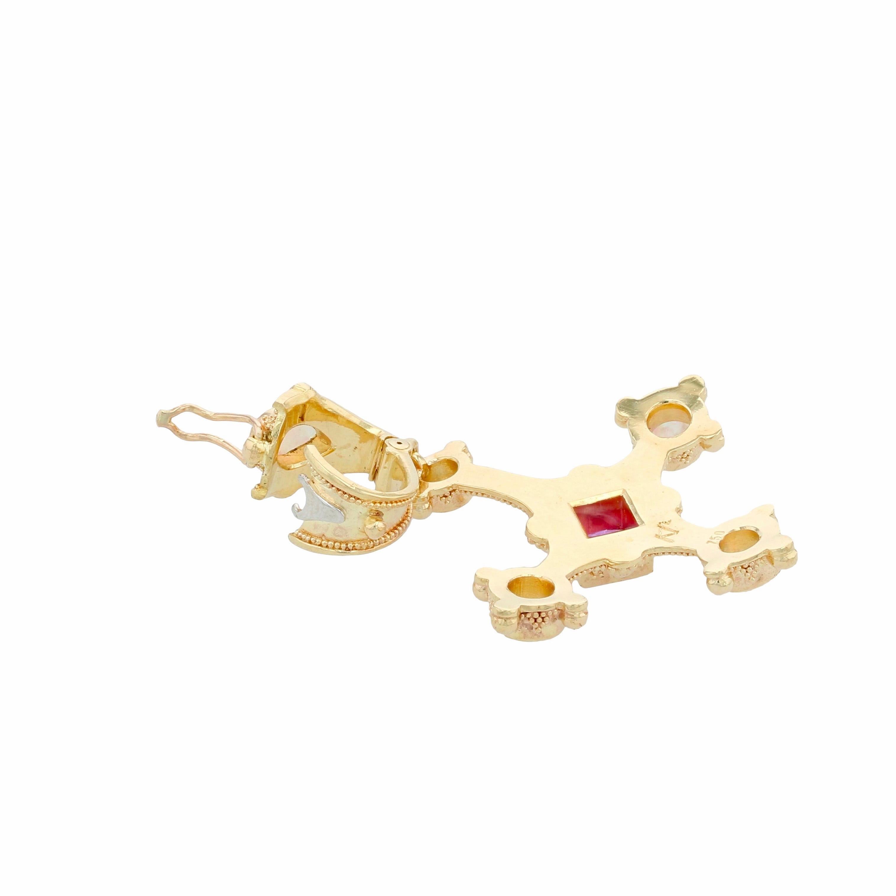 Kreuzanhänger mit rosa Saphir, Opal, Diamant, akzentuiert mit Goldgranulation für Damen oder Herren im Angebot