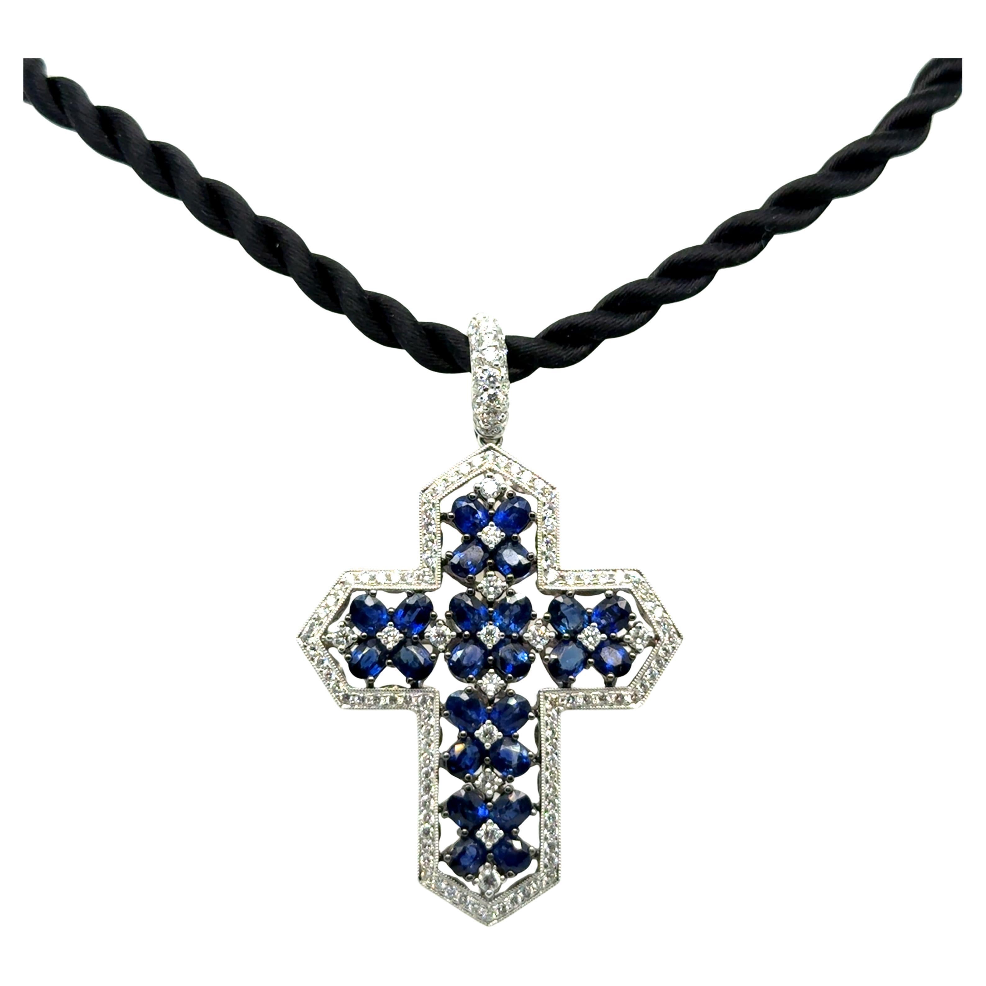 Cross Pendant with Blue Sapphires & Diamonds In 18K White Gold