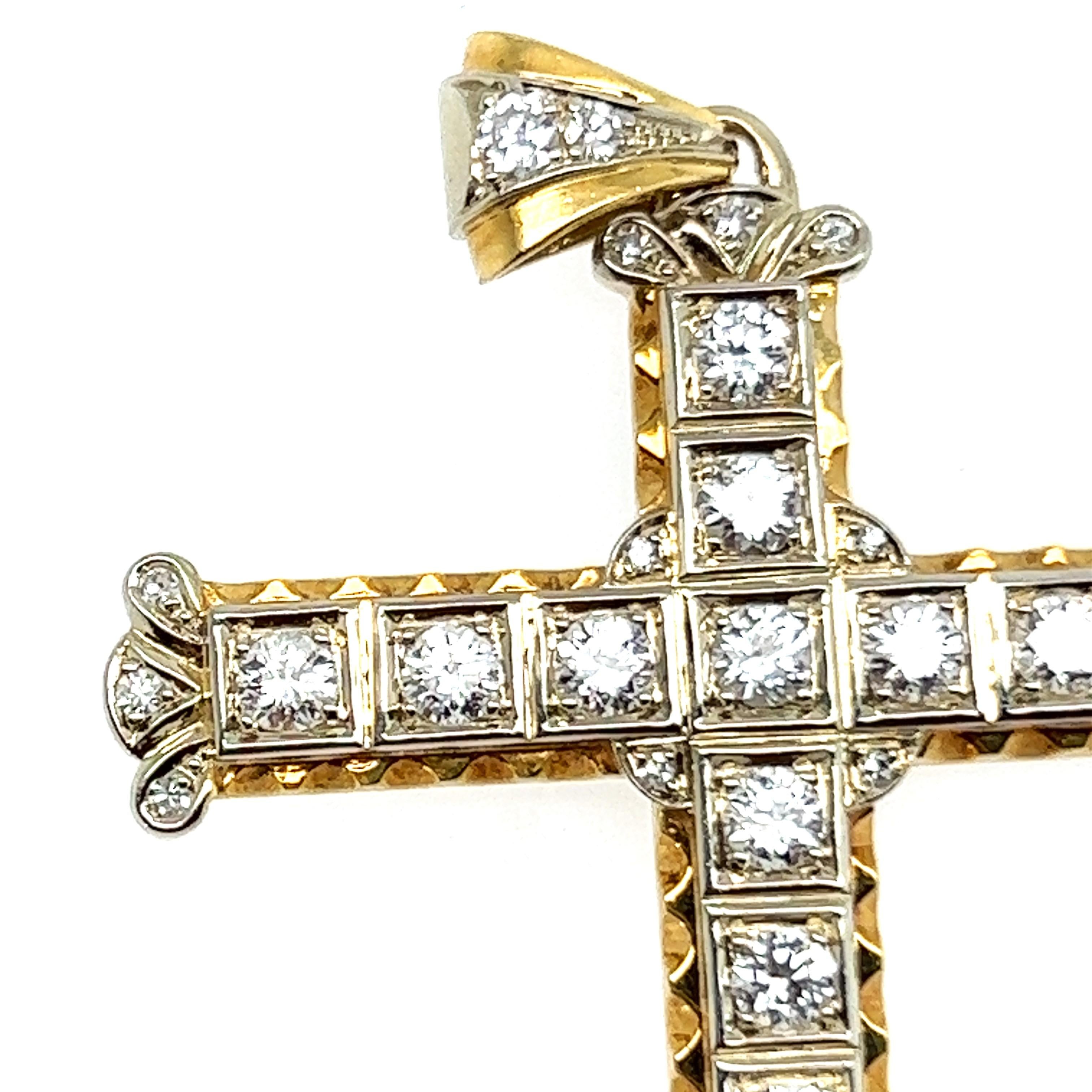 Brilliant Cut Cross Pendant with Diamonds in 18 Karat Yellow & White Gold
