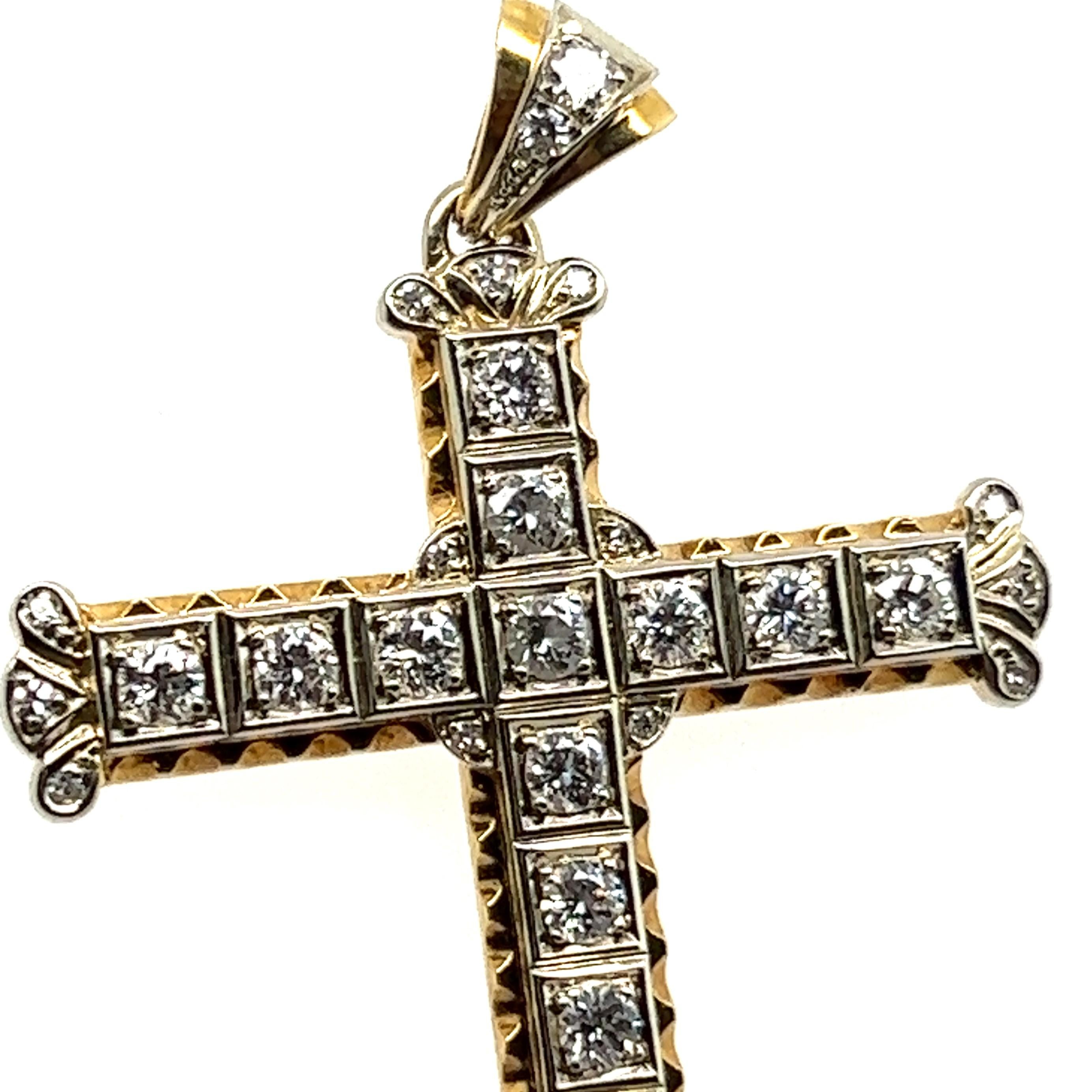 Women's or Men's Cross Pendant with Diamonds in 18 Karat Yellow & White Gold