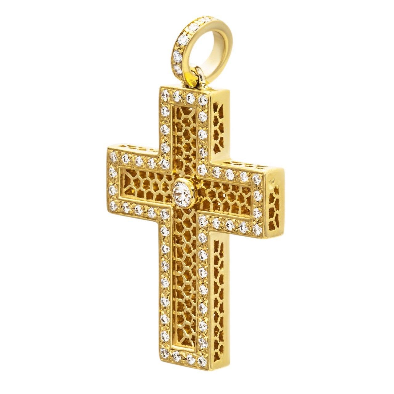 Round Cut Cross Pendant with Honeycomb and Diamonds For Sale