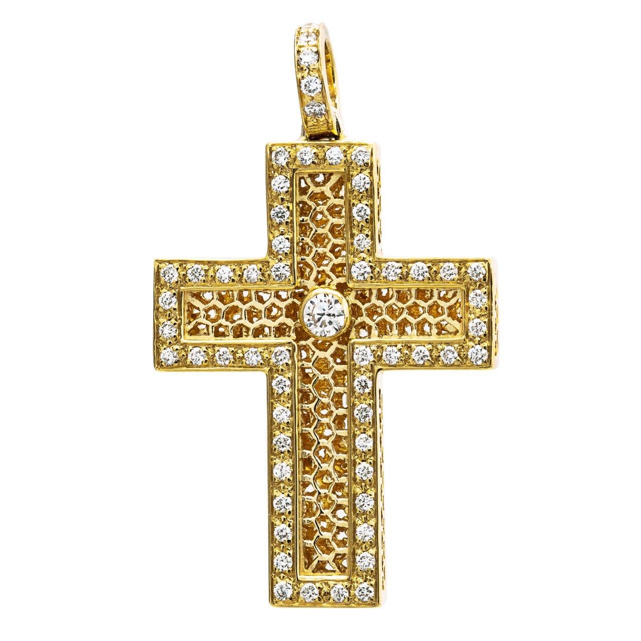 Cross Pendant with Honeycomb and Diamonds In New Condition For Sale In Eboli, SA