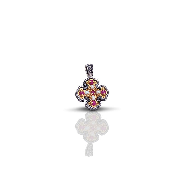 Cabochon Cross Pendant with Rubies and Pearls, Dimitrios Exclusive C8 For Sale
