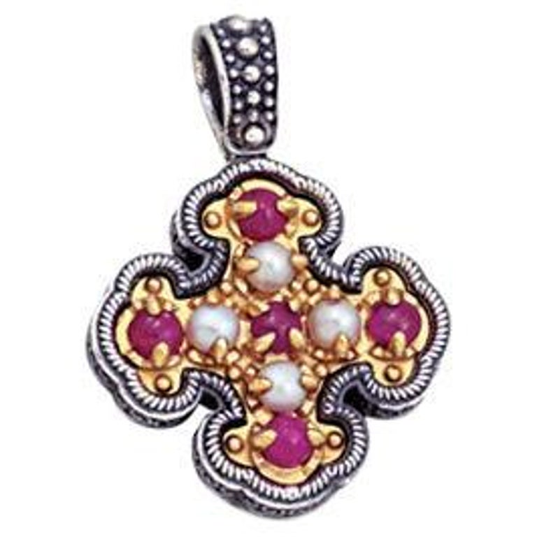Cross Pendant with Rubies and Pearls, Dimitrios Exclusive C8 For Sale
