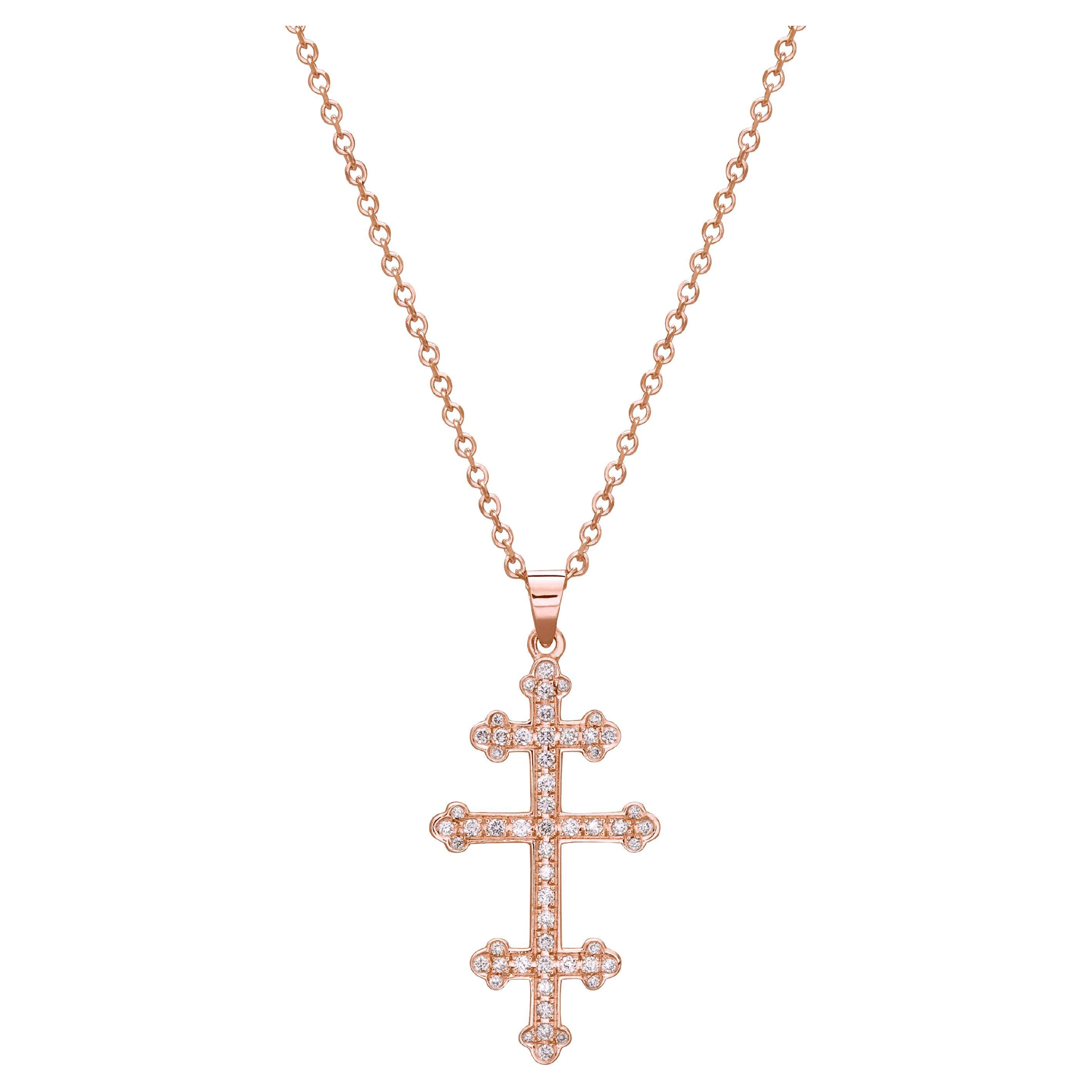 Collier pendentif croix et croix de pape en or rose 18 carats avec diamants pavés GMCKS