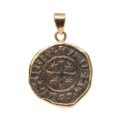 Antique Cross Potent Medieval AE Bronze Coin Pendant w/ 18K gold trim