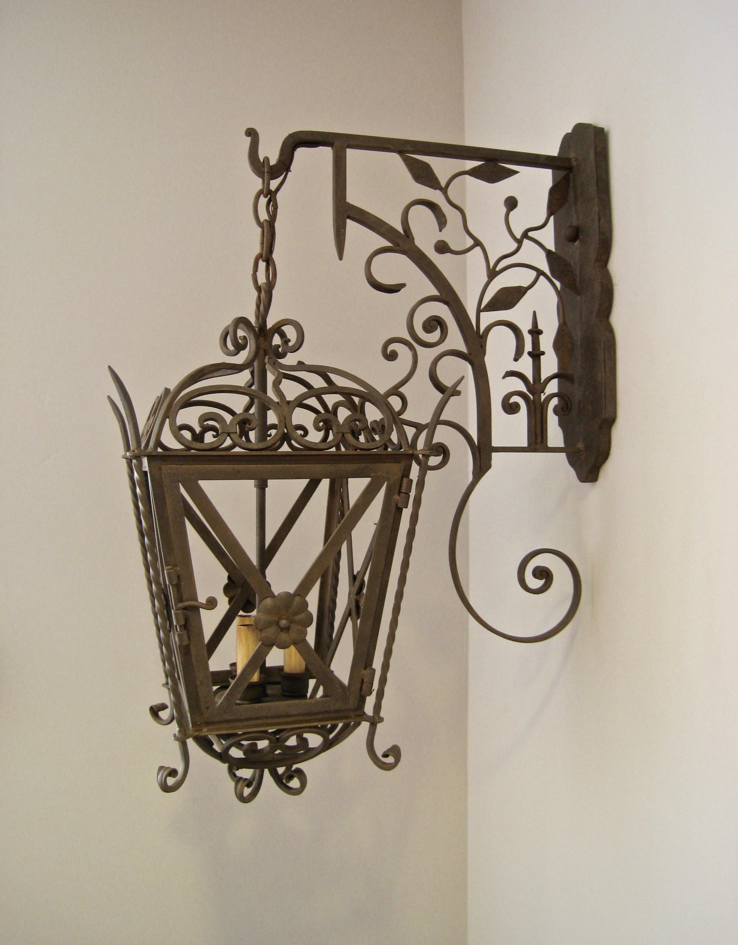 American Cross and Rose Forged Iron Exterior Lantern on Bracket For Sale