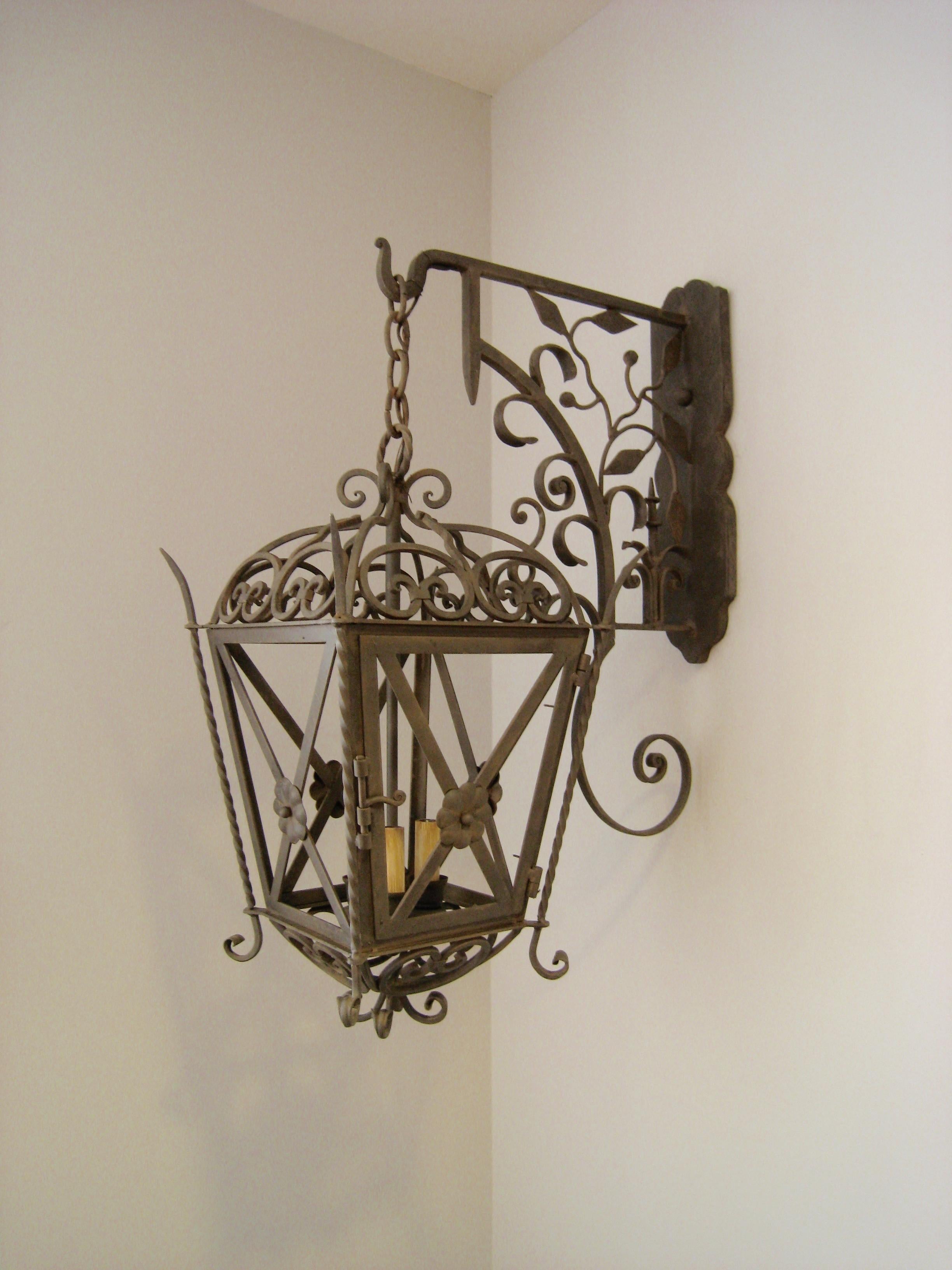 Cross and Rose Forged Iron Exterior Lantern on Bracket In New Condition For Sale In Encinitas, CA