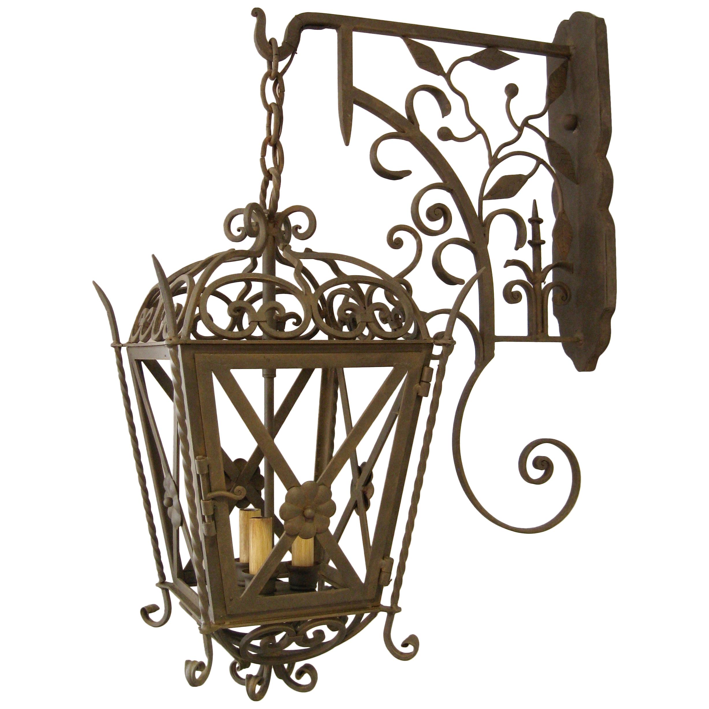 Cross and Rose Forged Iron Exterior Lantern on Bracket For Sale