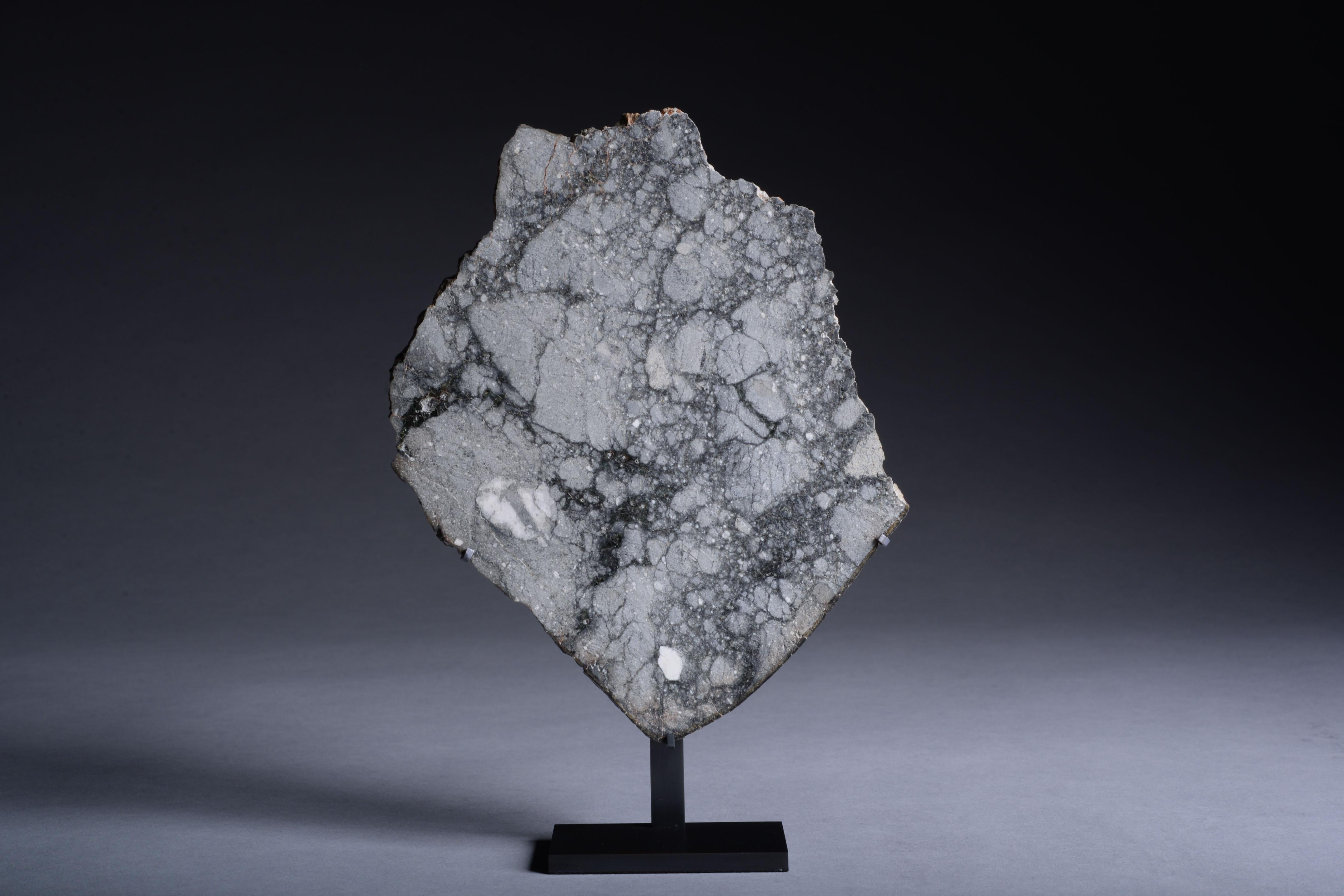 “This 149-gram slice of the Gadamis 004 lunar meteorite contains a wide variety of sizes of light-colored angular anorthositic clasts. These silicate clasts are rich in aluminum and calcium and are derived from the lunar highlands, the light-colored