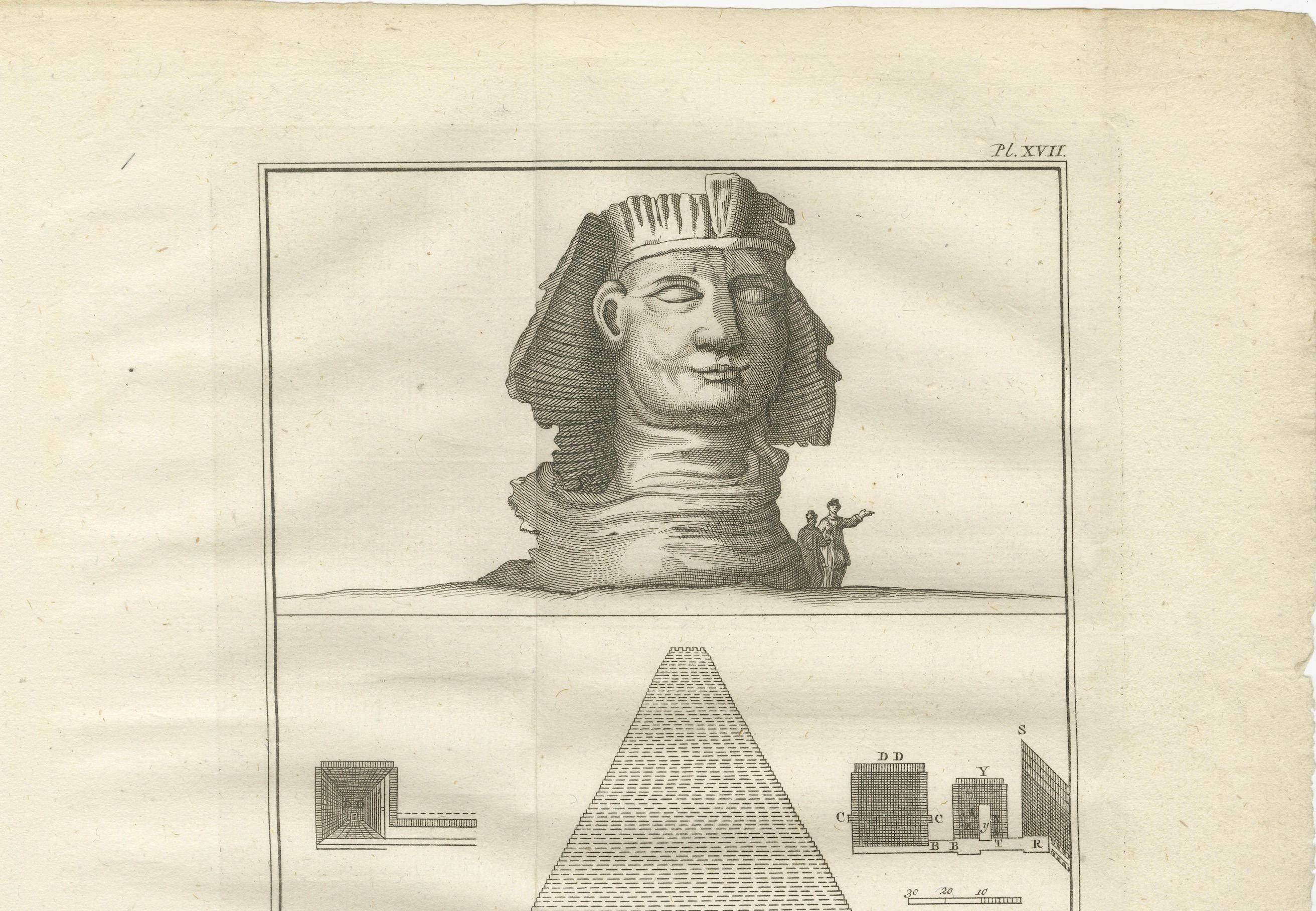 Título: Sección transversal de la Gran Pirámide y vista de la cabeza de la Esfinge - Egipto Grabado, 1776

Descripción:
Este fascinante grabado de 1776 presenta una temprana interpretación europea de dos de los monumentos más emblemáticos del