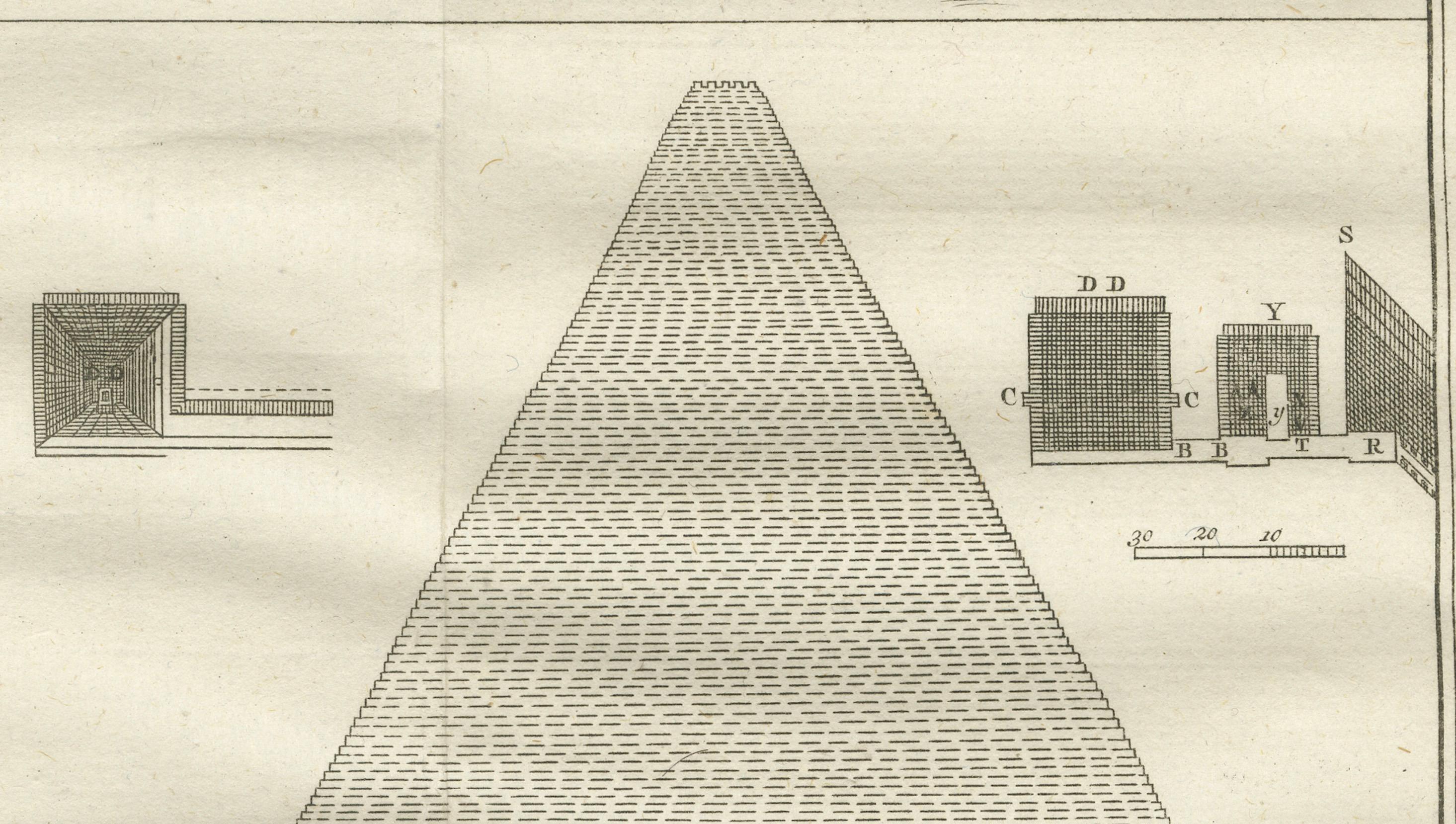 Sección transversal de la Gran Pirámide y la Cabeza de la Esfinge - Egipto Grabado de 1776 siglo XVIII en venta