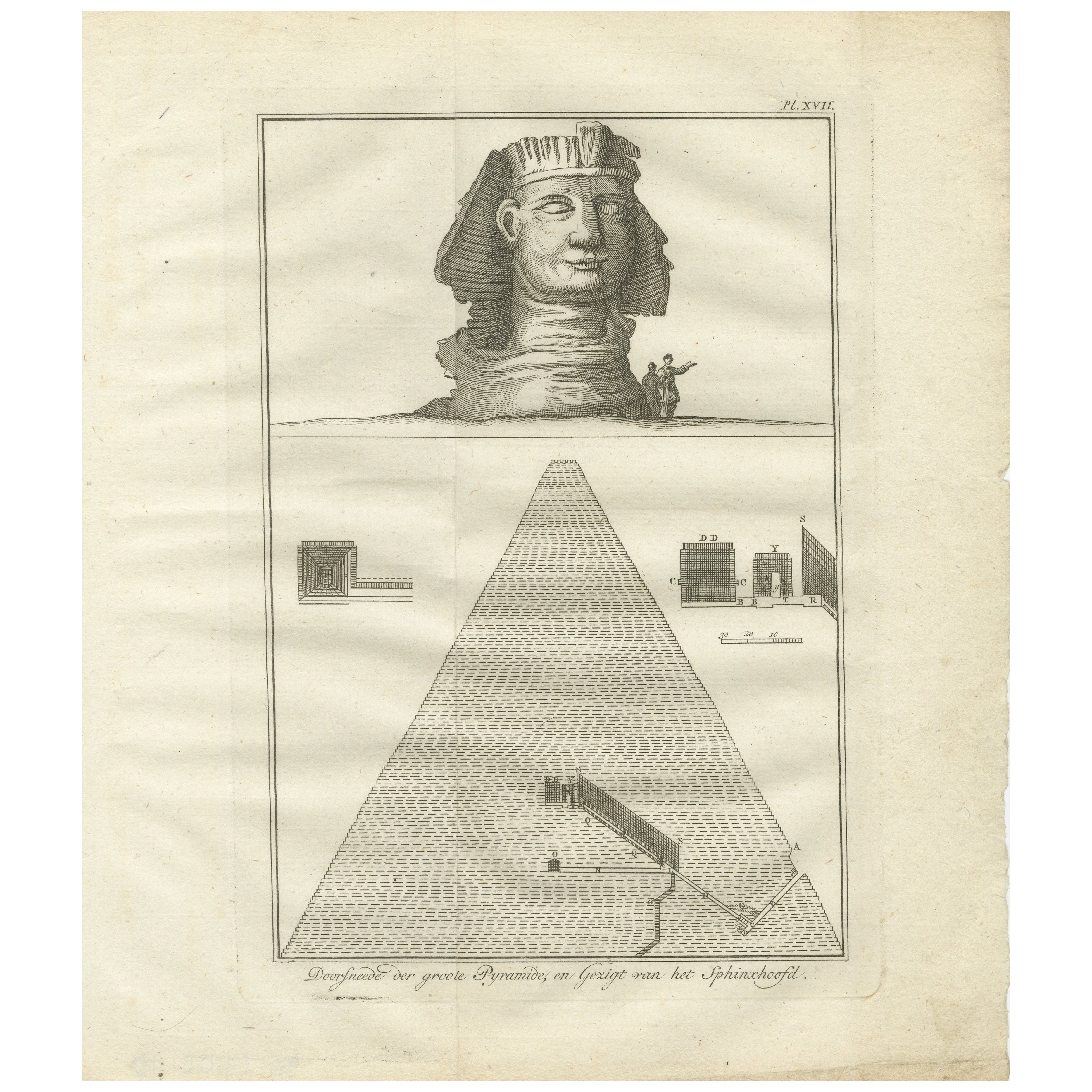 Sección transversal de la Gran Pirámide y la Cabeza de la Esfinge - Egipto Grabado de 1776 en venta