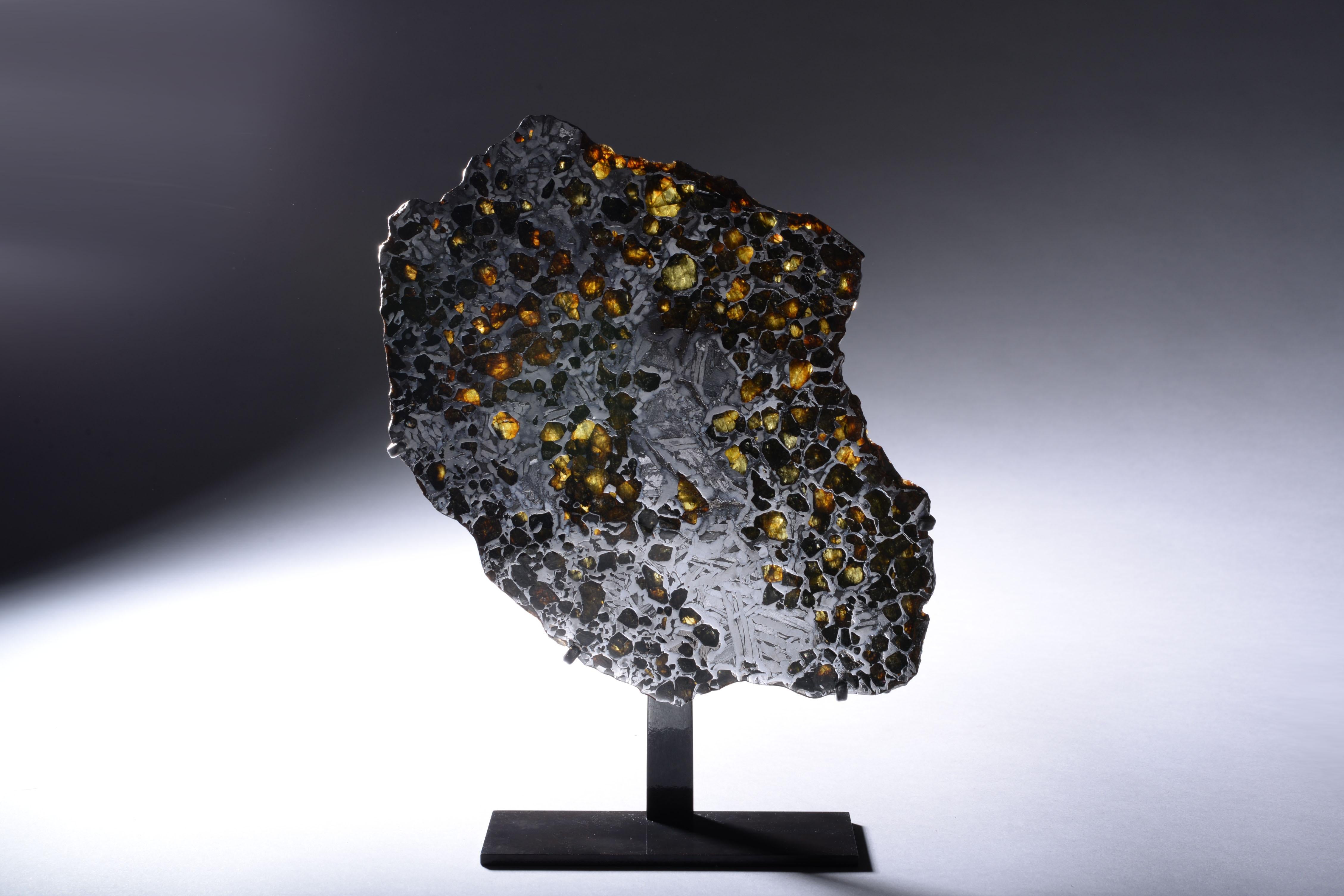 Cross Section from the Seymchan Meteorite
Pallasite

Comprising less than 0.2% of all meteorites, pallasites, made up of an iron-nickel matrix interwoven with amber-coloured olivine gemstones, are perhaps the most dazzling meteorites of all. This