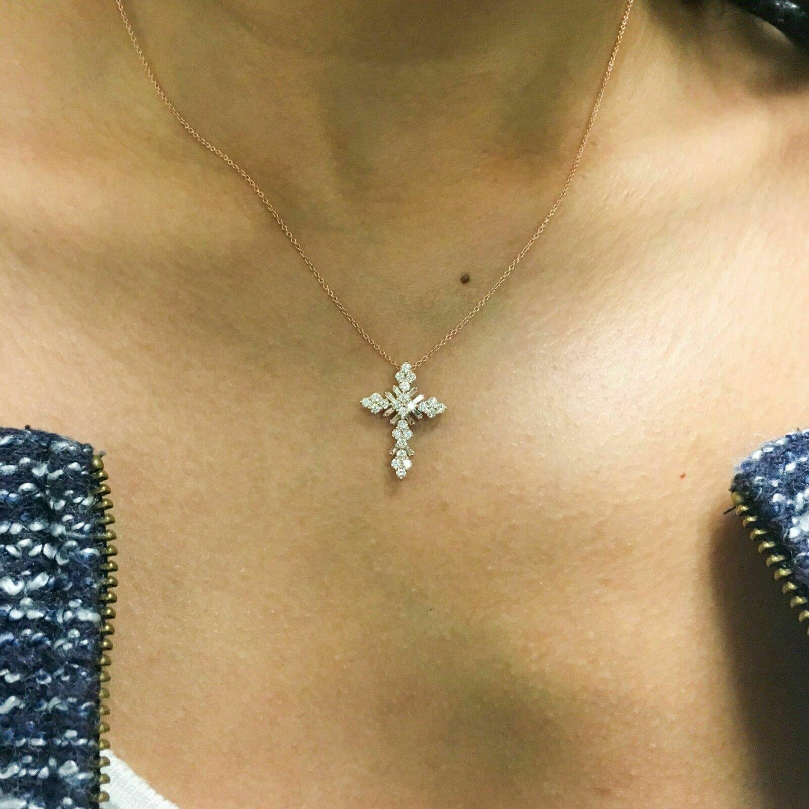 Cross Shape 0.60 Carat Baguette Cut Diamond Rose Gold Pendant Necklace In New Condition For Sale In Los Angeles, CA