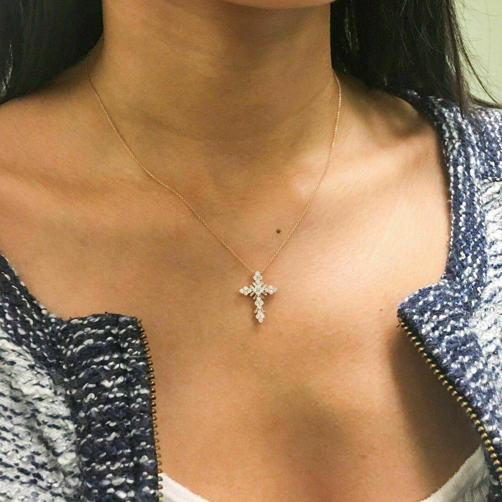 Women's Cross Shape 0.60 Carat Baguette Cut Diamond Rose Gold Pendant Necklace For Sale