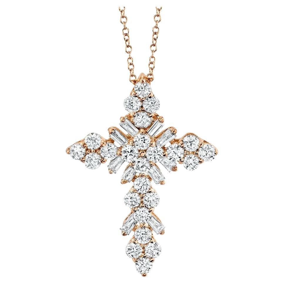 Cross Shape 0.60 Carat Baguette Cut Diamond Rose Gold Pendant Necklace For Sale