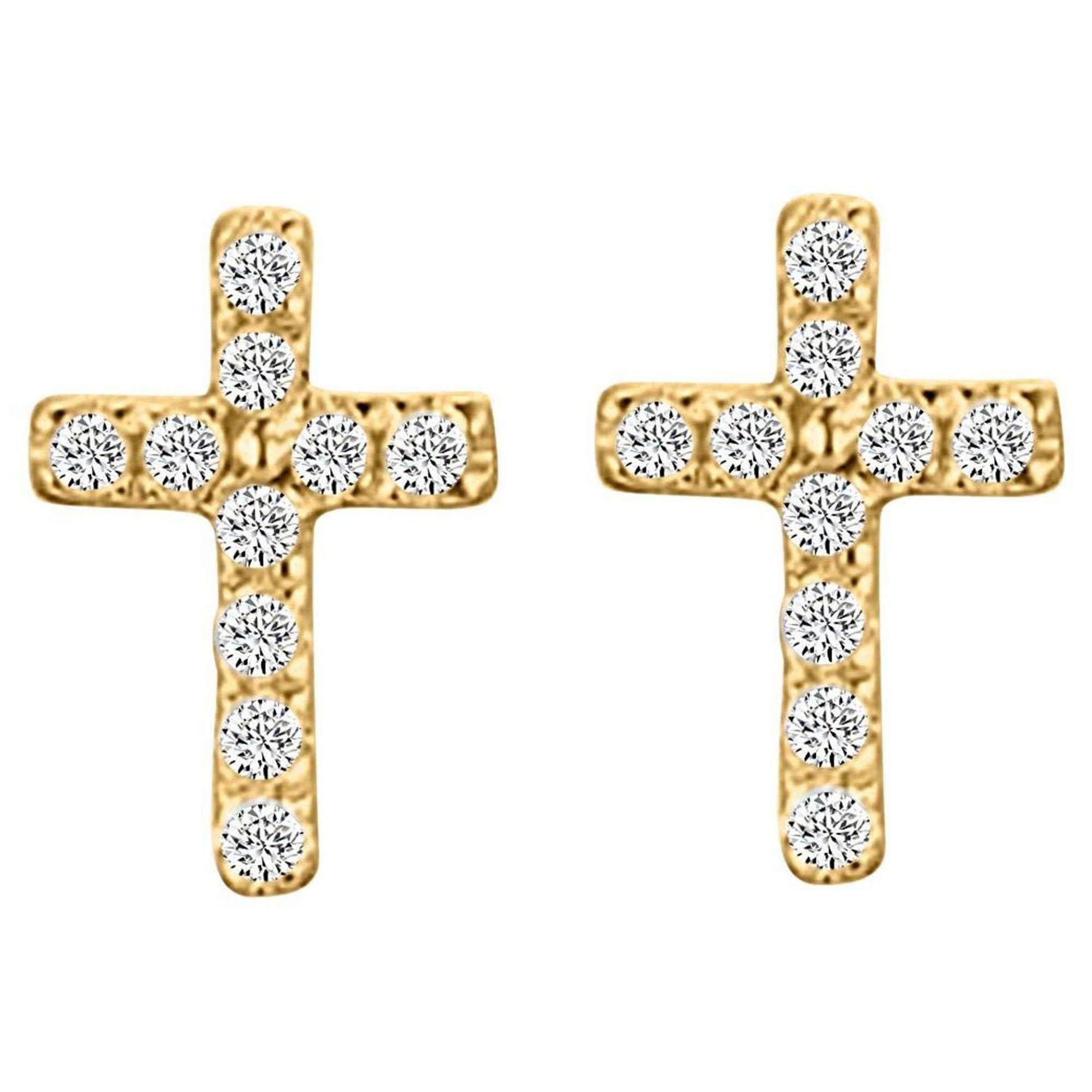 Clous d'oreilles en or jaune 14 carats avec diamants en forme de croix