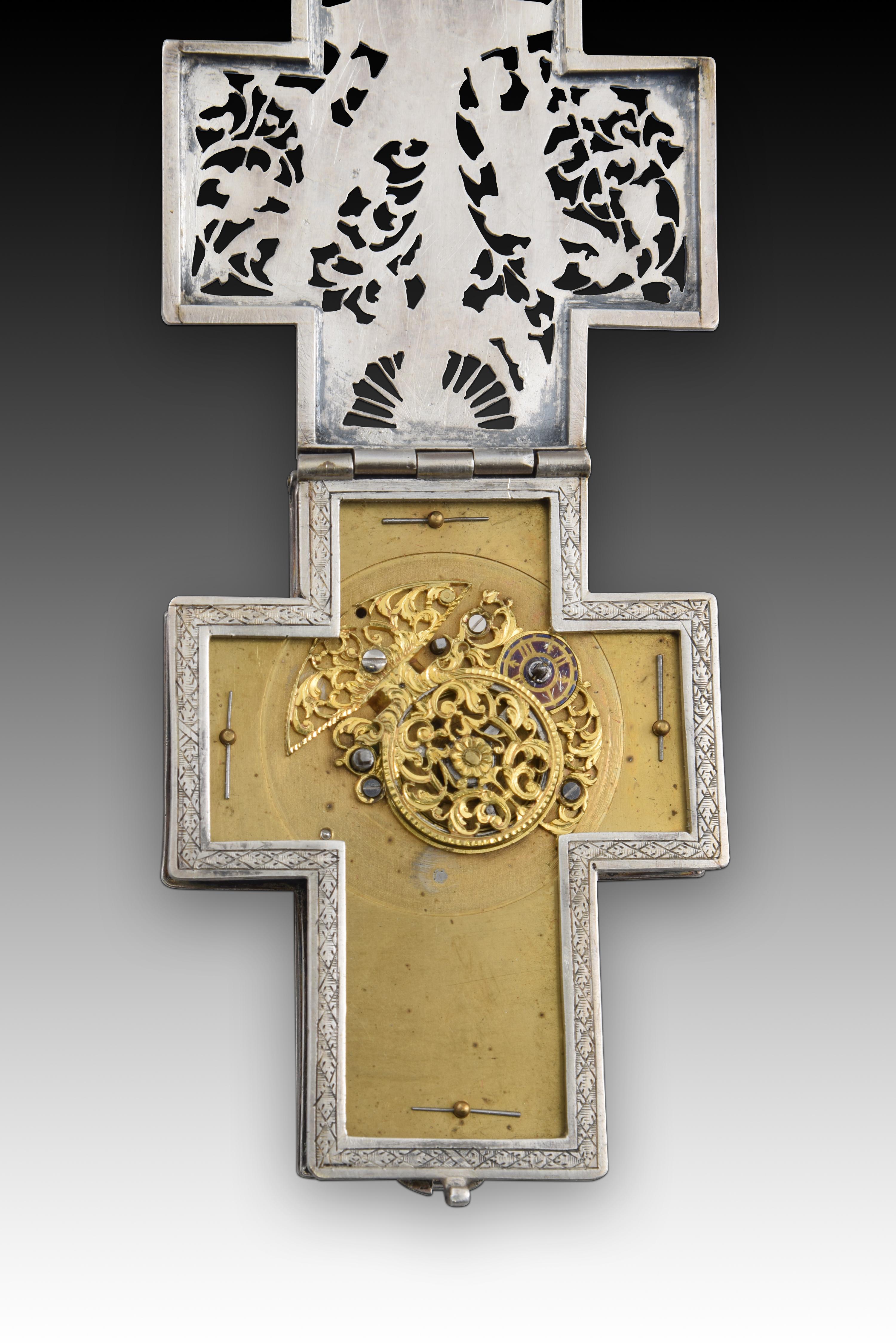 Européen Horloge de coffre en forme de croix, argent, 17ème siècle, elle présente des restaurations en vente