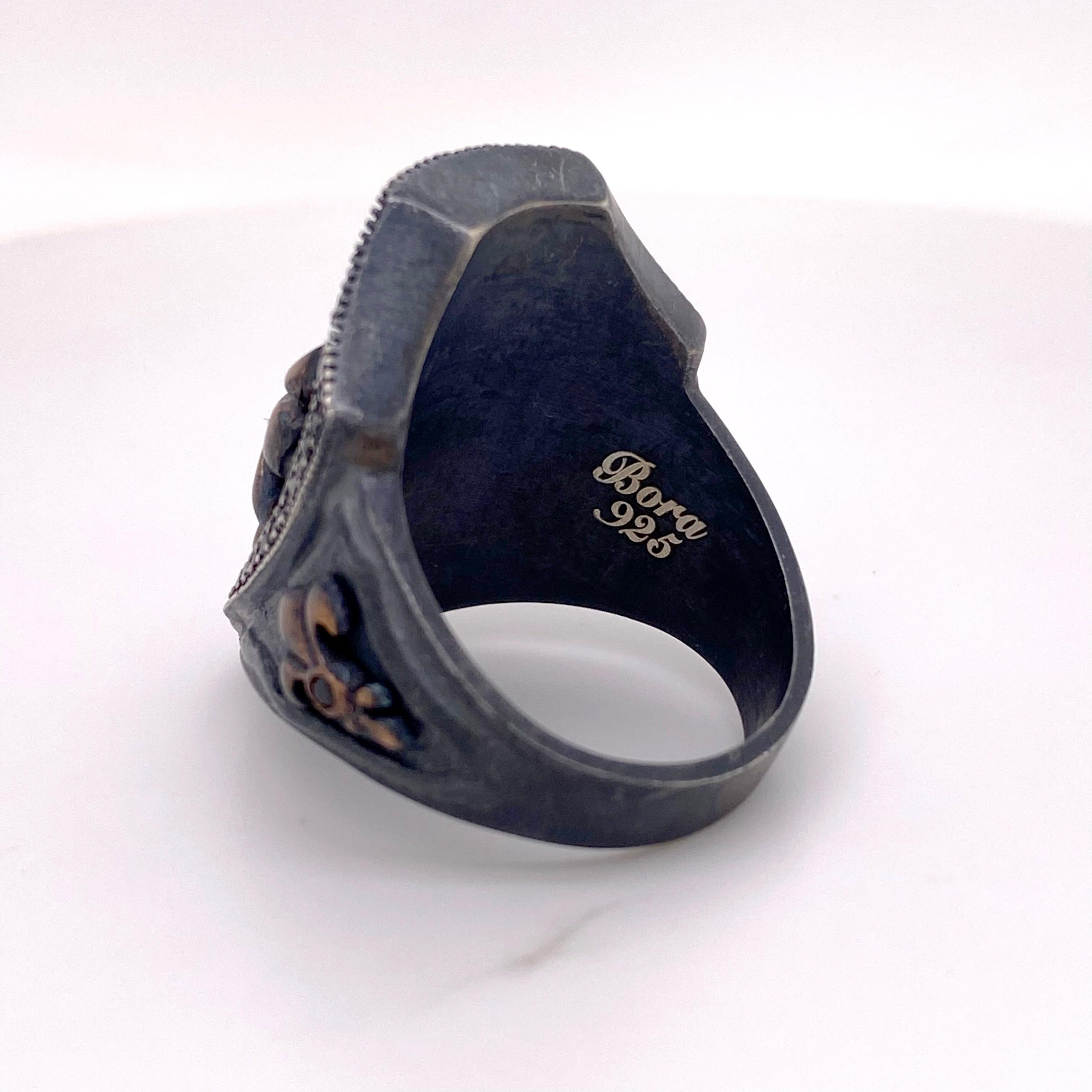 Art Deco Cross Shield Ring, Mixed Metal Ruby and Black Onyx Ring
