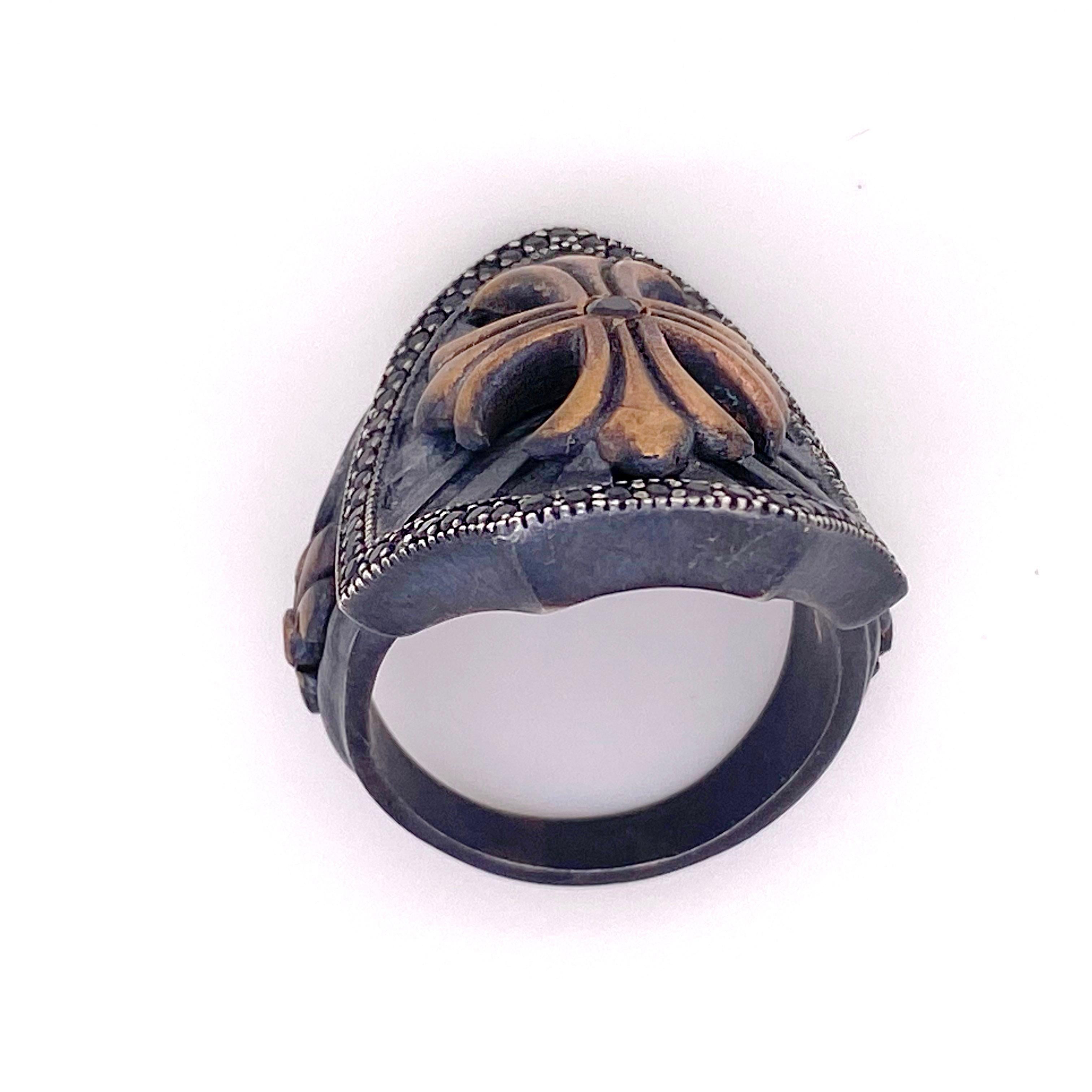 Round Cut Cross Shield Ring, Mixed Metal Ruby and Black Onyx Ring