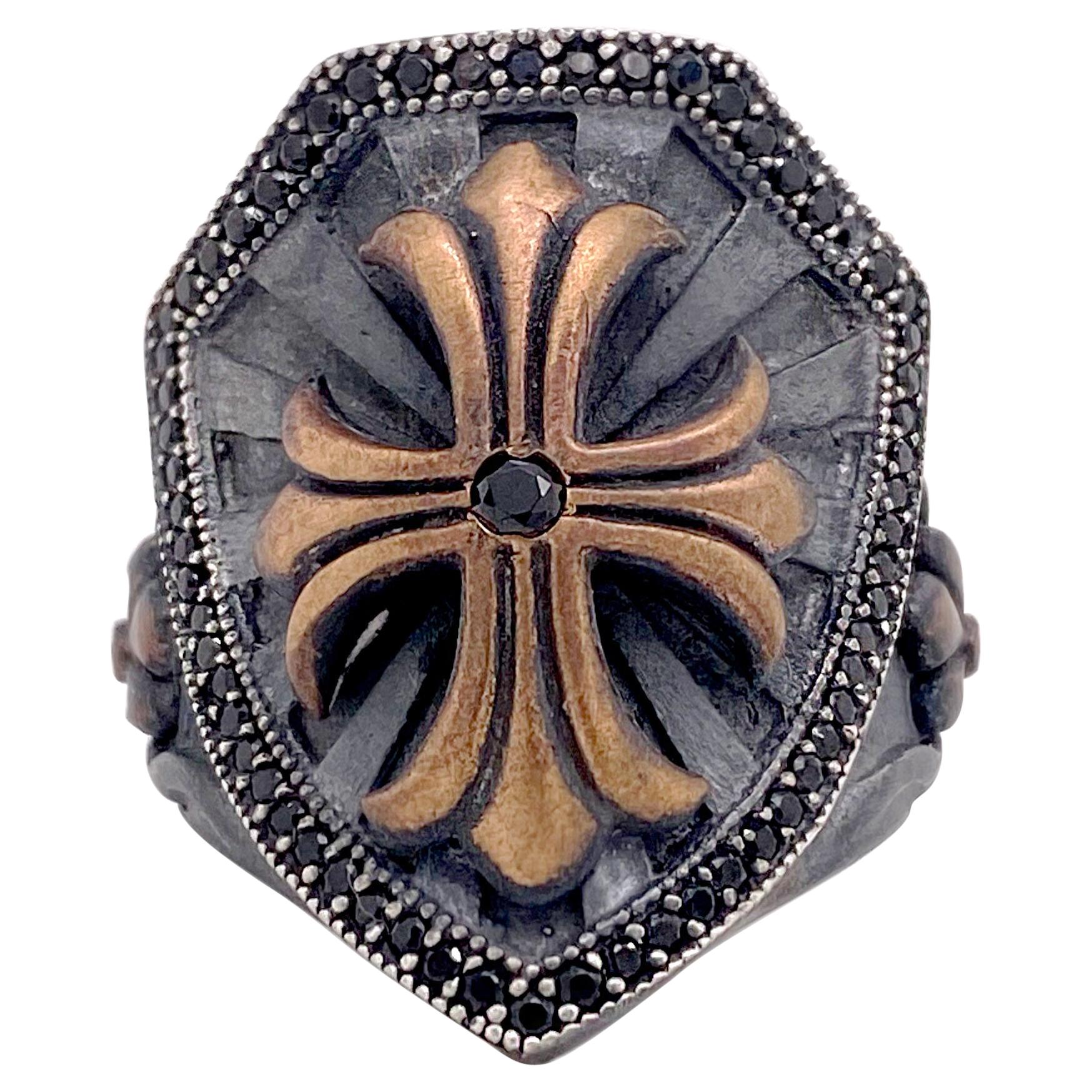 Cross Shield Ring, Mixed Metal Ruby and Black Onyx Ring For Sale