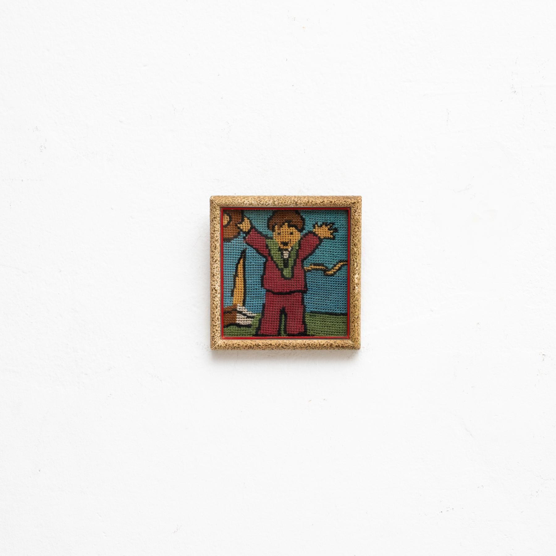 Cross-stitched artwork of a man design by unknown artist, circa 1960.
Framed. 

In original condition, with minor wear consistent of age and use, preserving a beautiul patina.