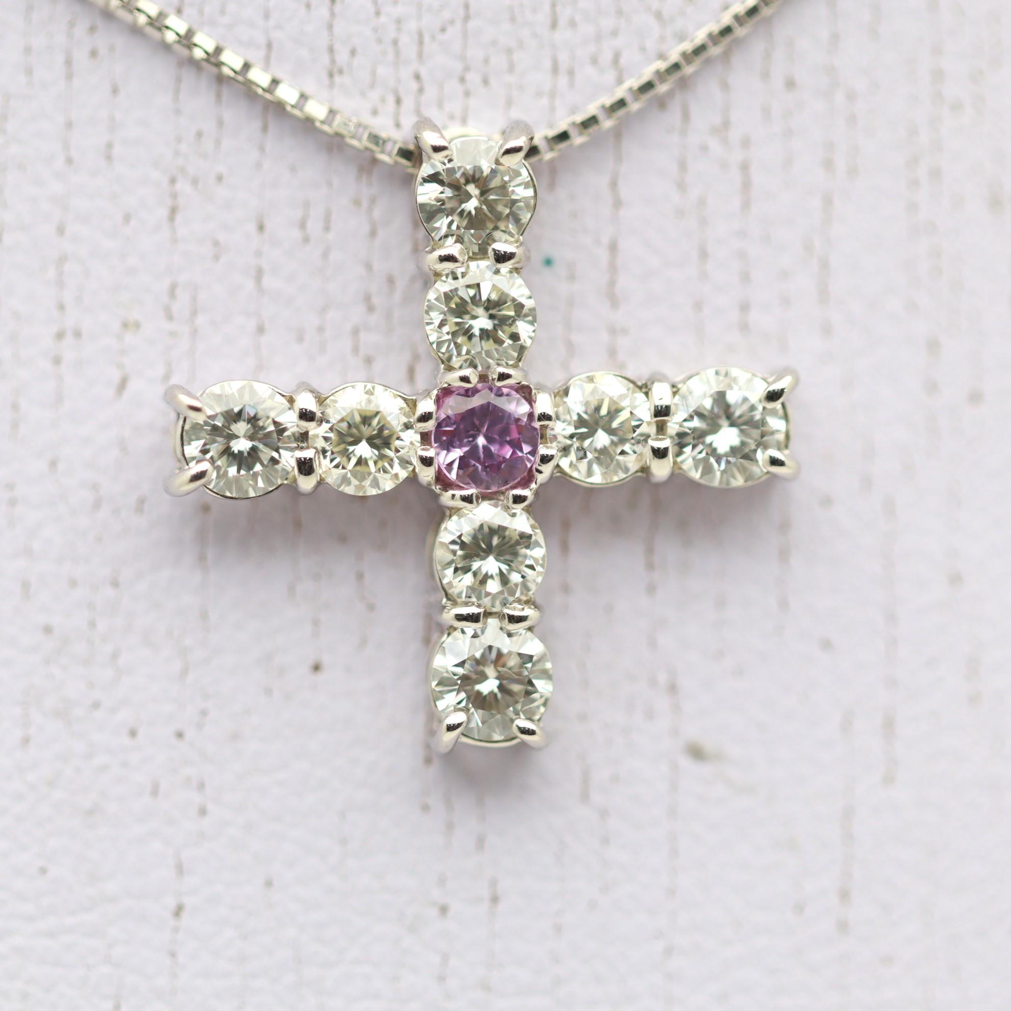 Round Cut Cross-Style Diamond Sapphire Platinum Pendant For Sale