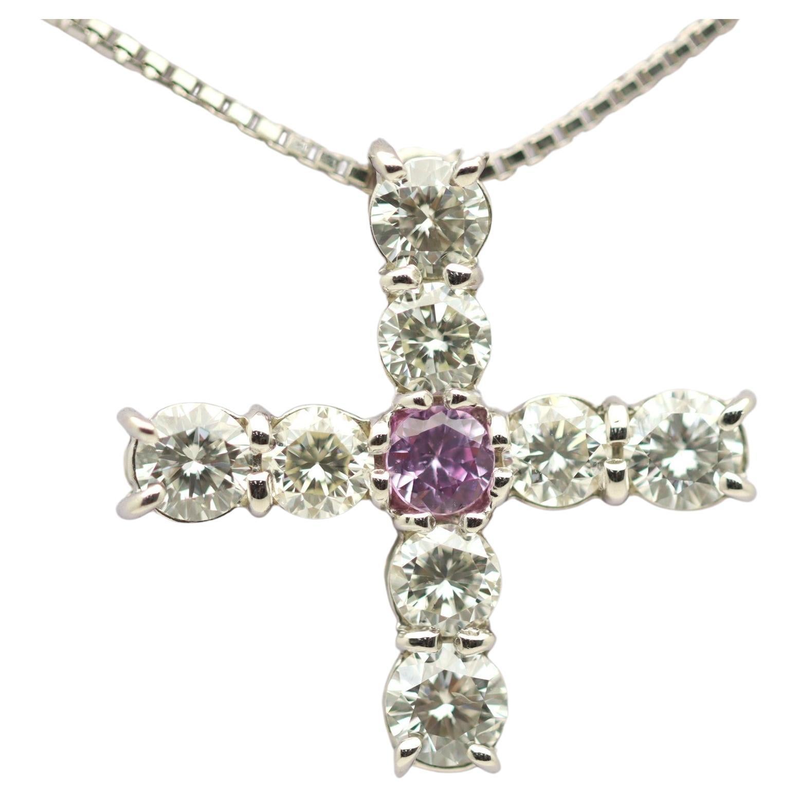 Cross-Style Diamond Sapphire Platinum Pendant For Sale