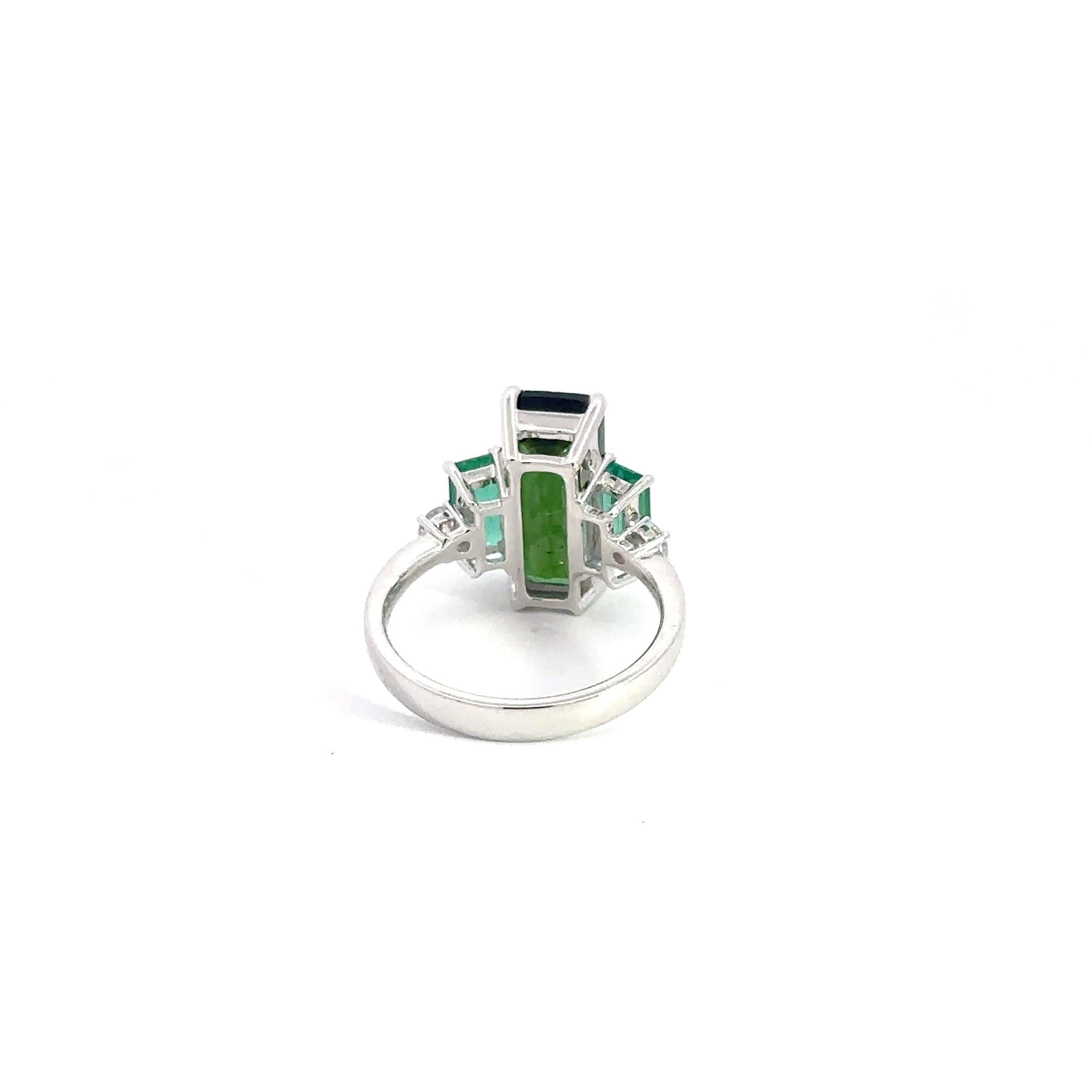 Cross Style Tourmaline Emerald Diamond 18K White Gold Exclusive Ring For Her For Sale 2