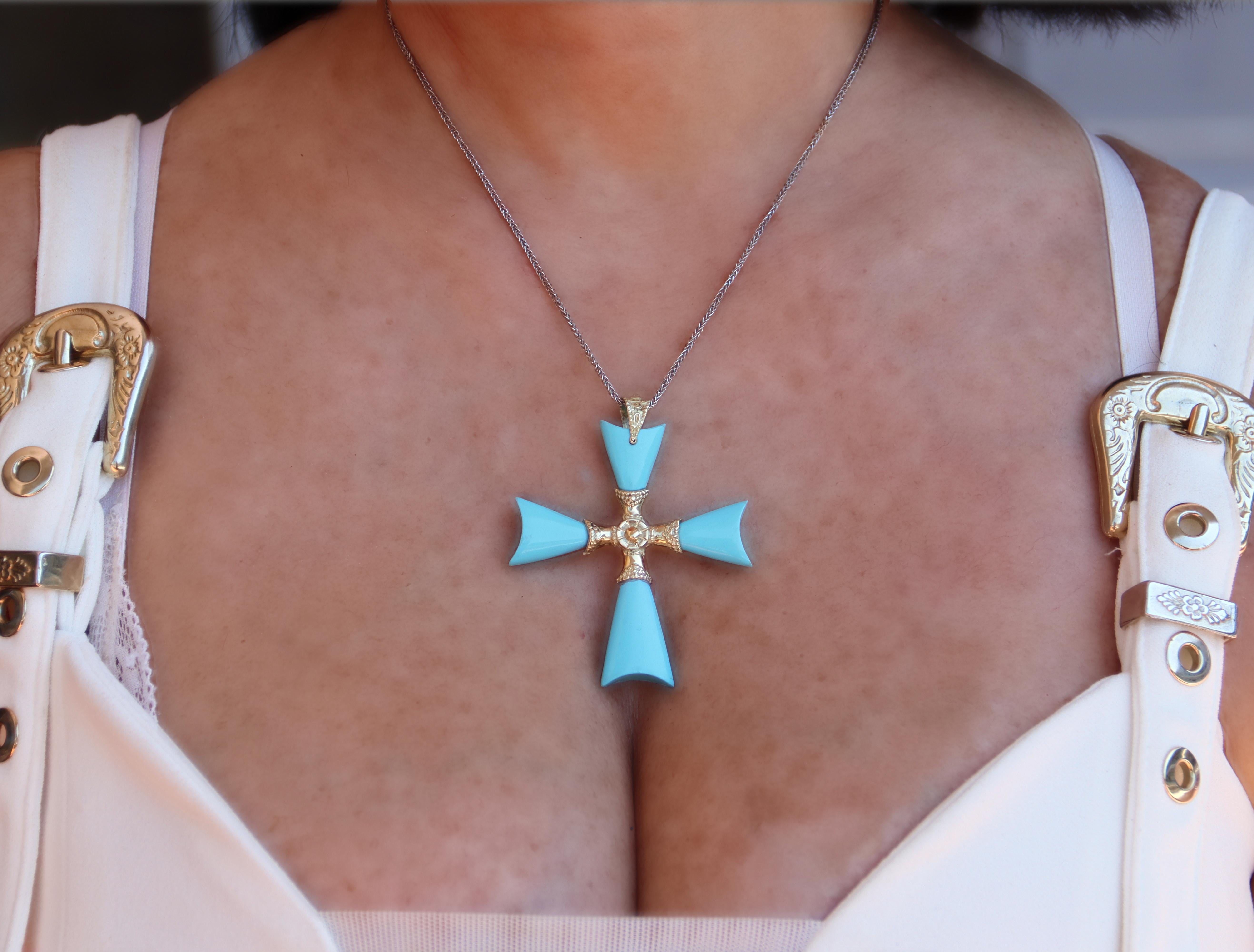 Kreuz Türkis 14 Karat Gelbgold Anhänger Halskette im Angebot 2