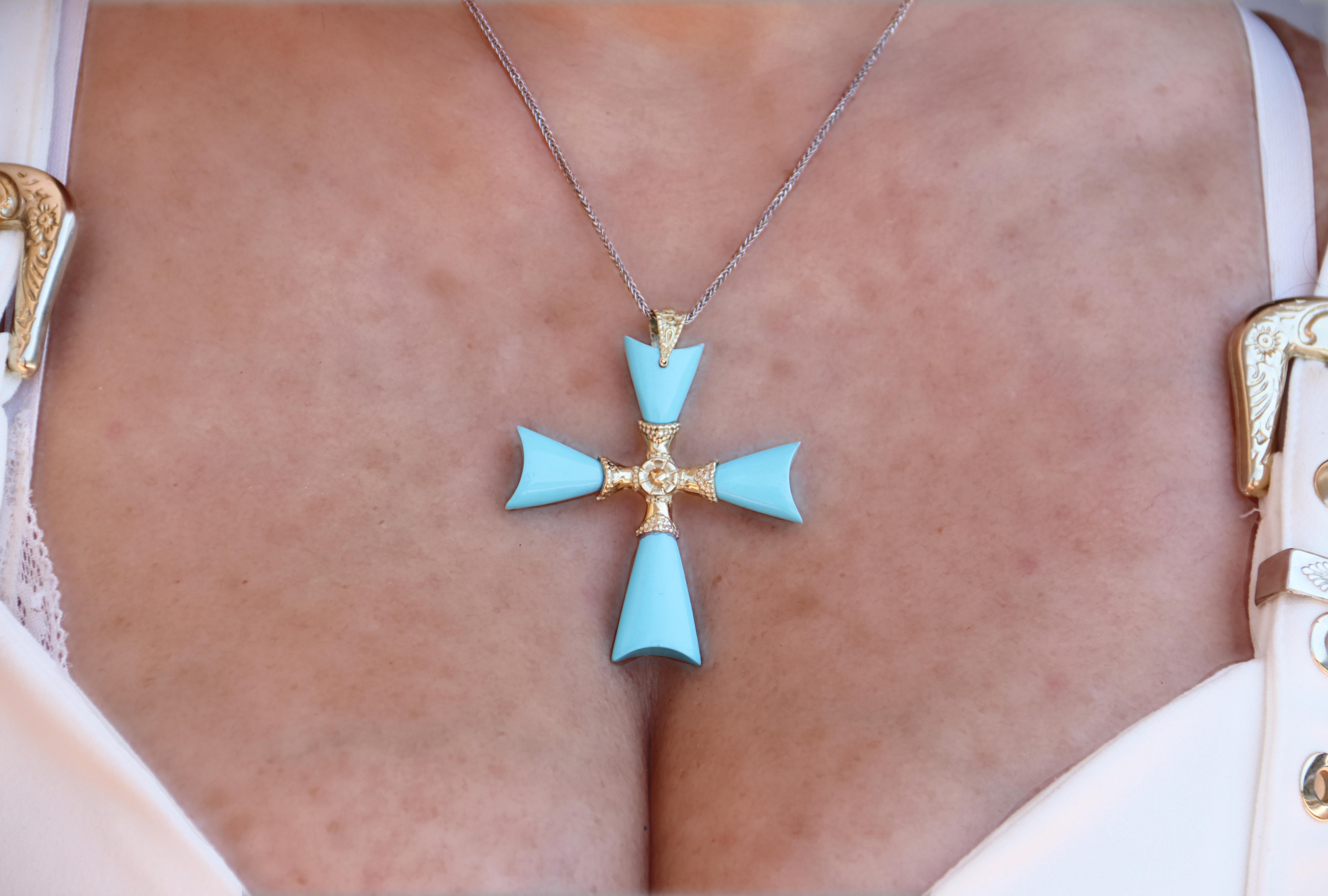 Kreuz Türkis 14 Karat Gelbgold Anhänger Halskette im Angebot 3