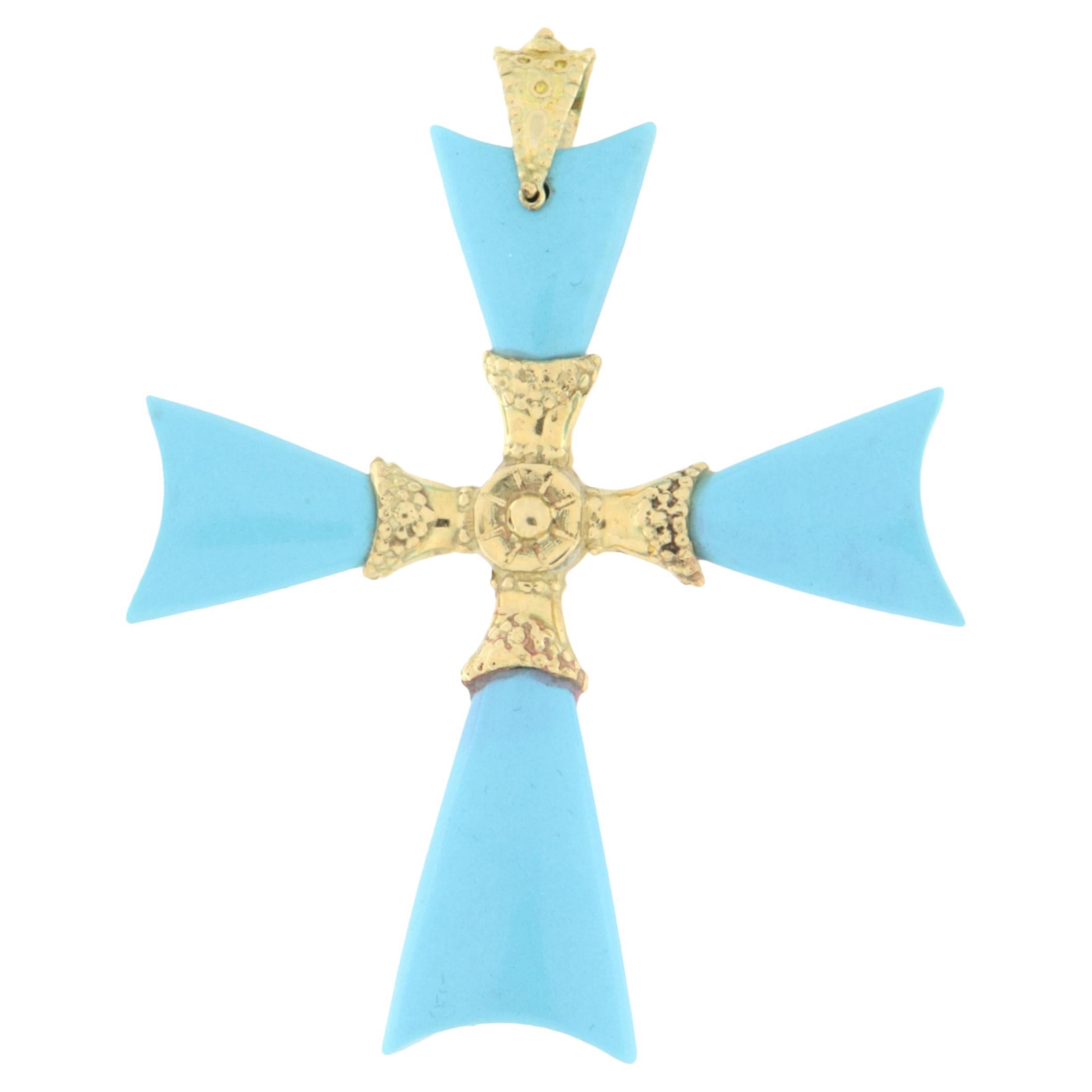 Collier à pendentifs en or jaune 14 carats avec croix en turquoise