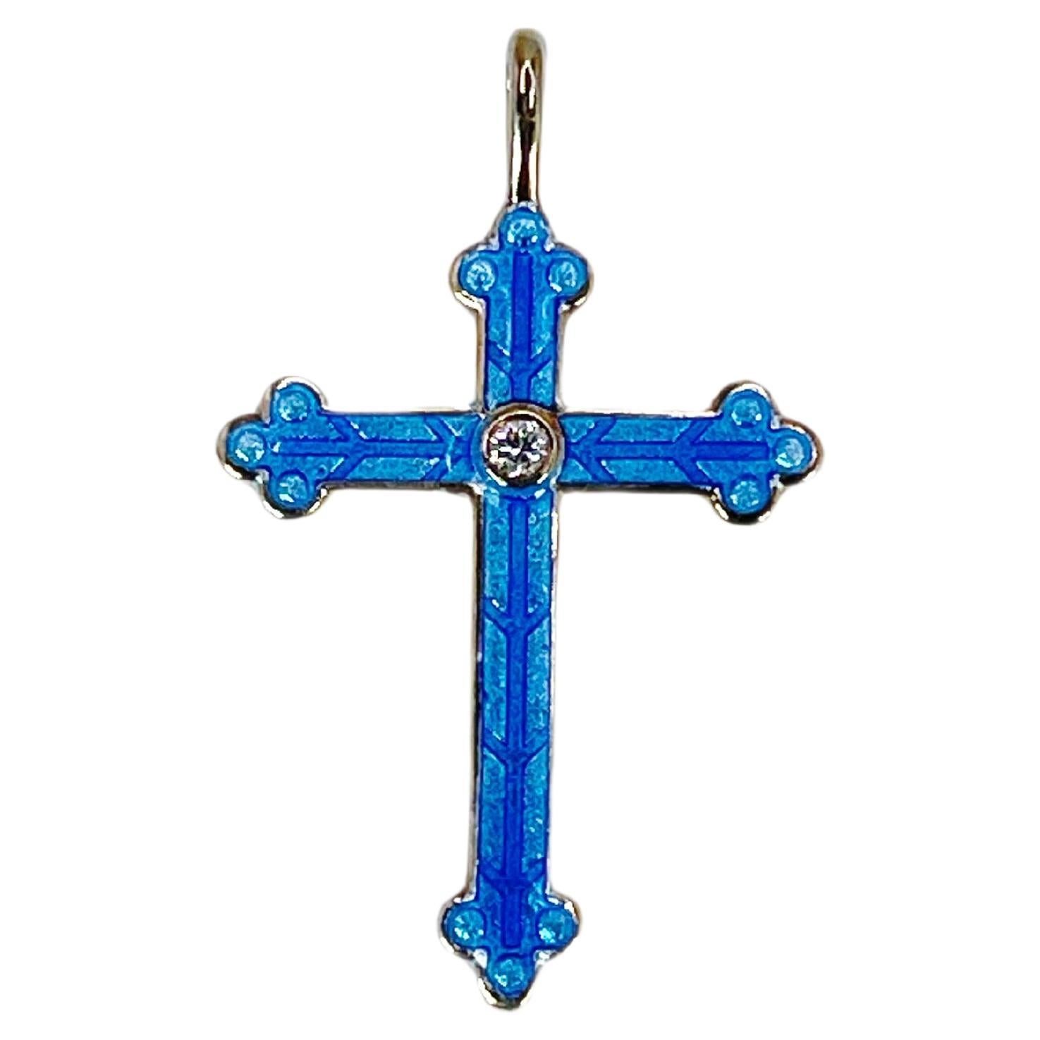 Cross Vitreous Enamel & Diamond Pendant 18KT Gold For Sale