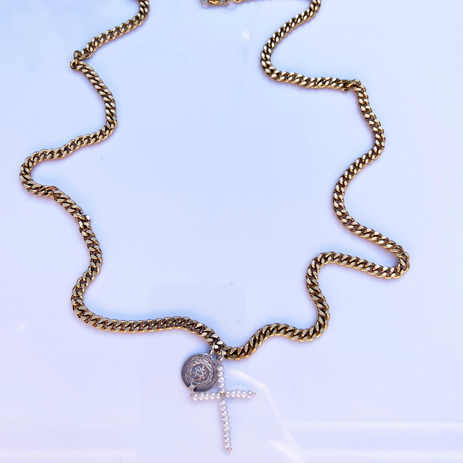 Cross White Pearl Chain Necklace Medal Silver Aquamarine J Dauphin In New Condition For Sale In Los Angeles, CA
