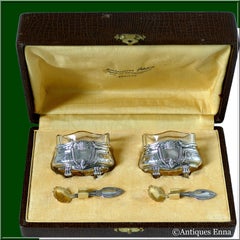 Crossard French Sterling Silver 18 Karat Gold Salt Cellars Pair, Spoons, Box