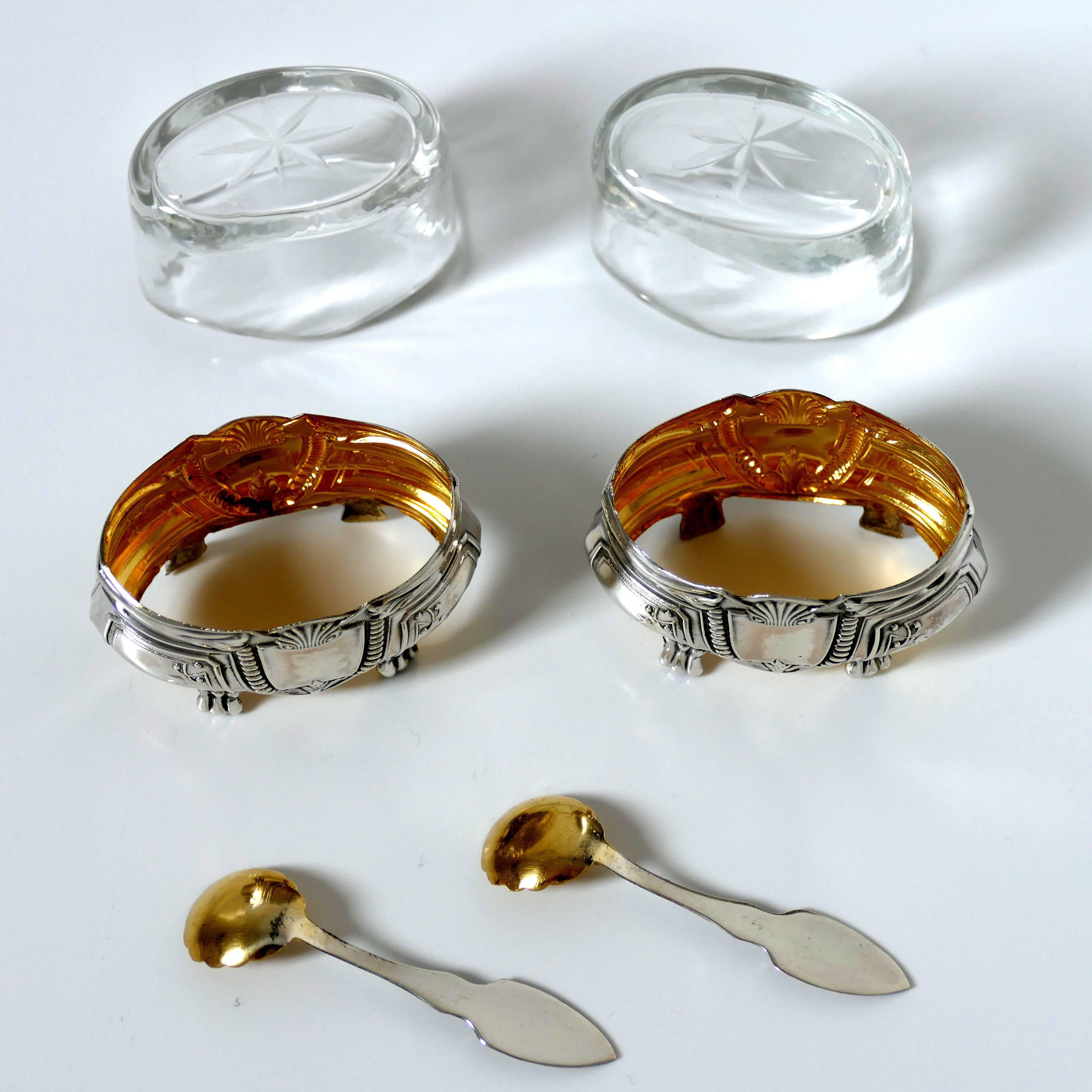 Art Deco Crossard French Sterling Silver 18 Karat Gold Salt Cellars Pair, Spoons, Box For Sale