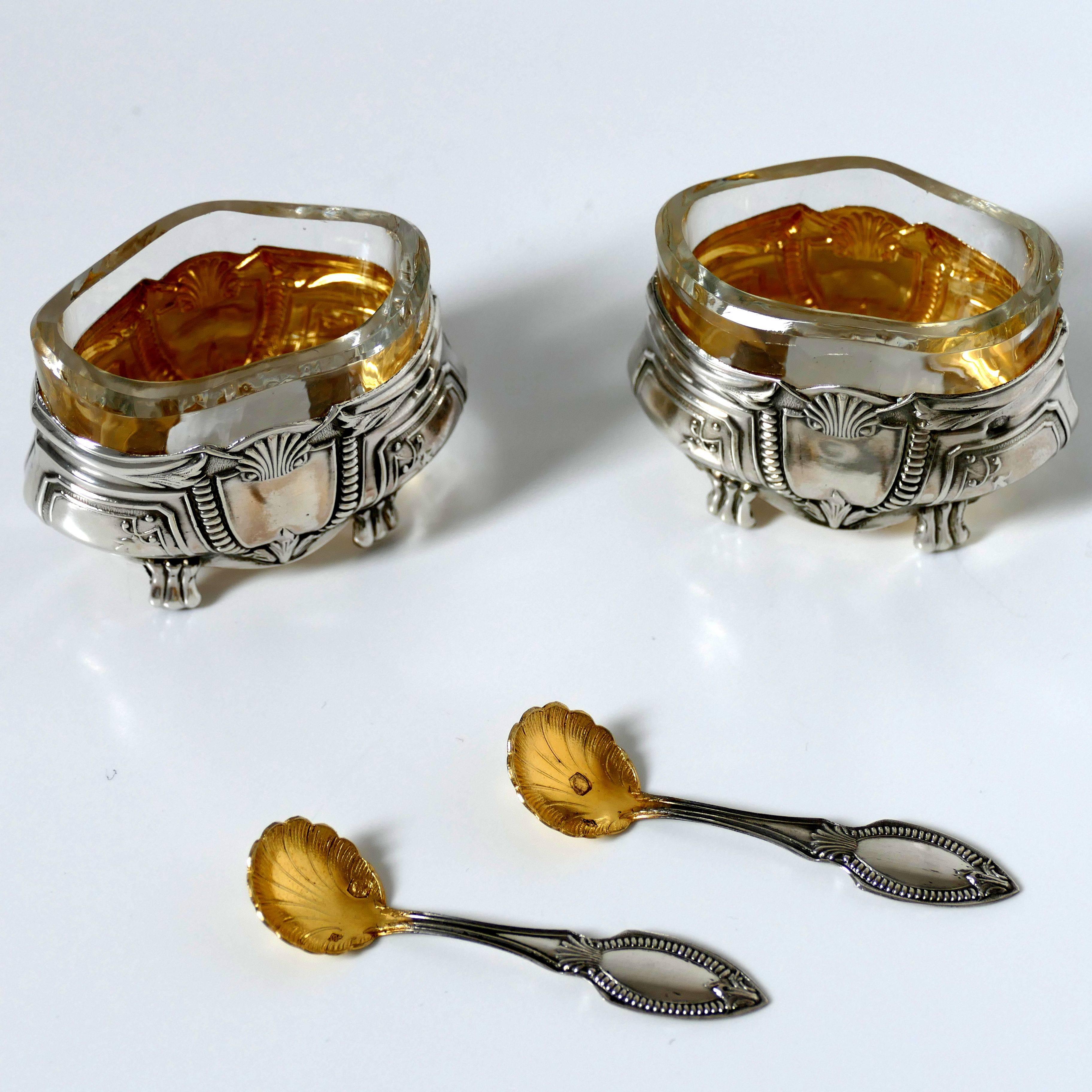 Crossard French Sterling Silver 18 Karat Gold Salt Cellars Pair, Spoons, Box For Sale 1