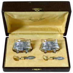Crossard French Sterling Silver 18 Karat Gold Salt Cellars Pair, Spoons, Box