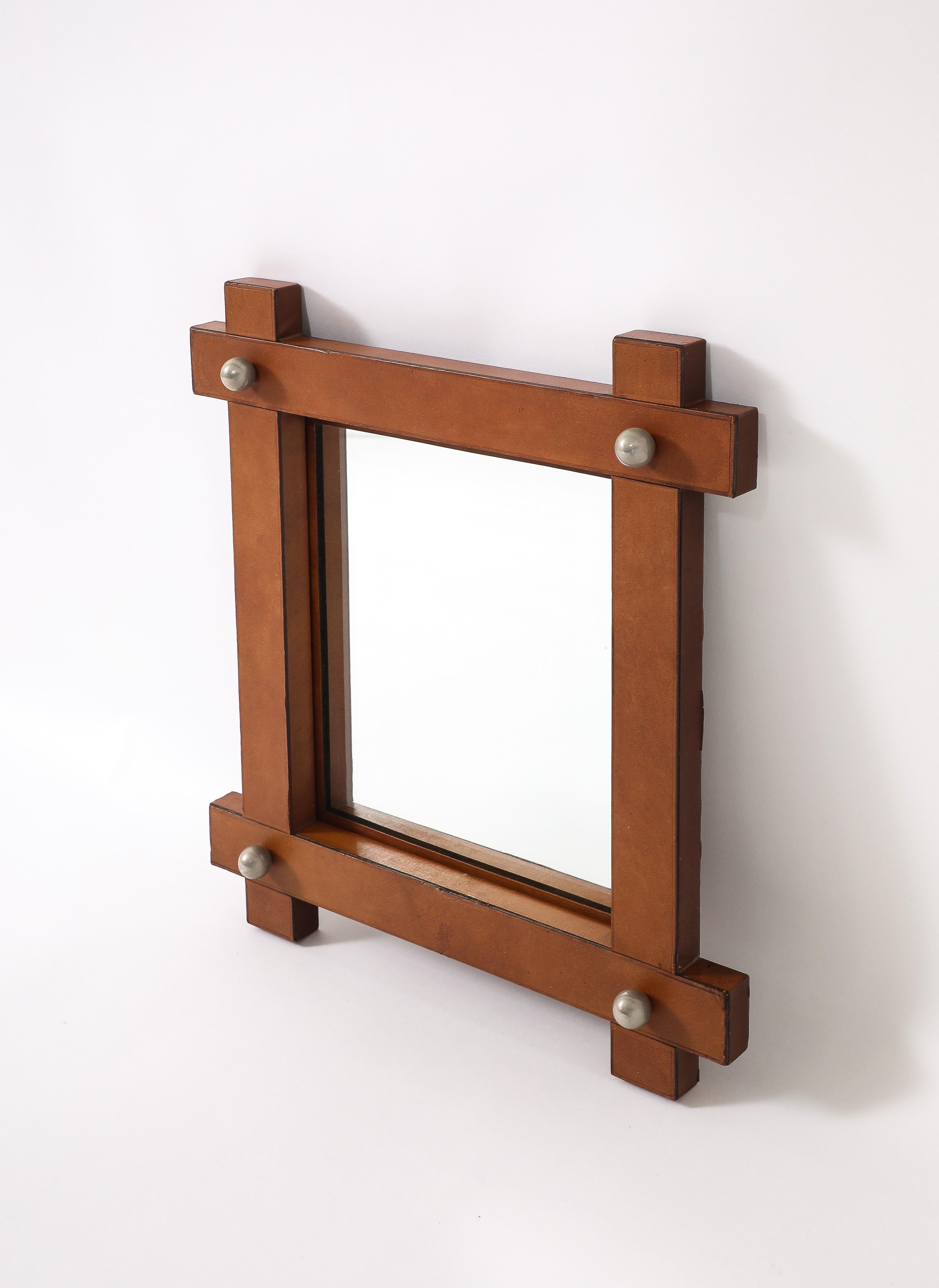 Crossed Leather Mirror, France 1950's For Sale 4