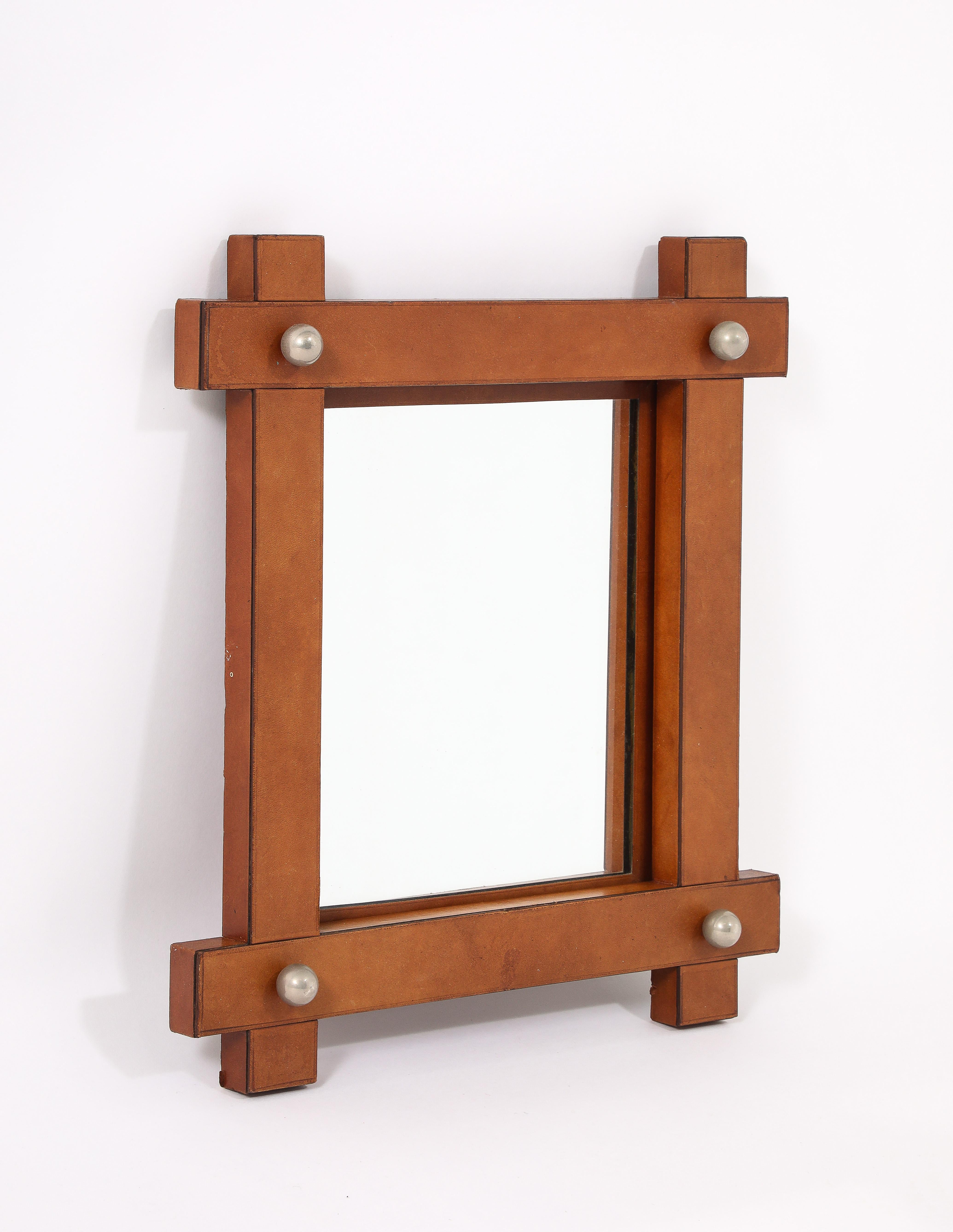 Mid-Century Modern Crossed Leather Mirror, France 1950's For Sale