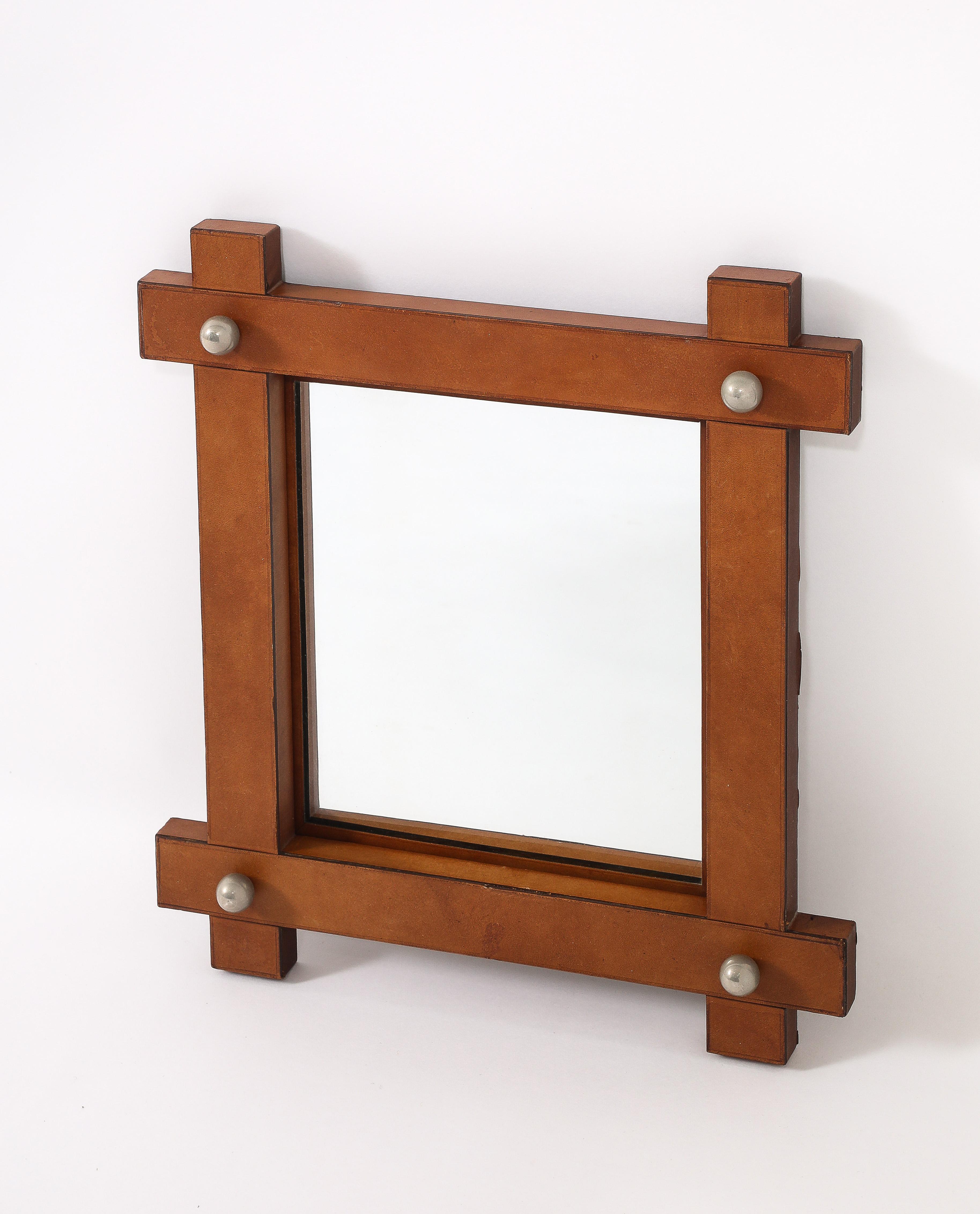Crossed Leather Mirror, France 1950's In Good Condition For Sale In New York, NY