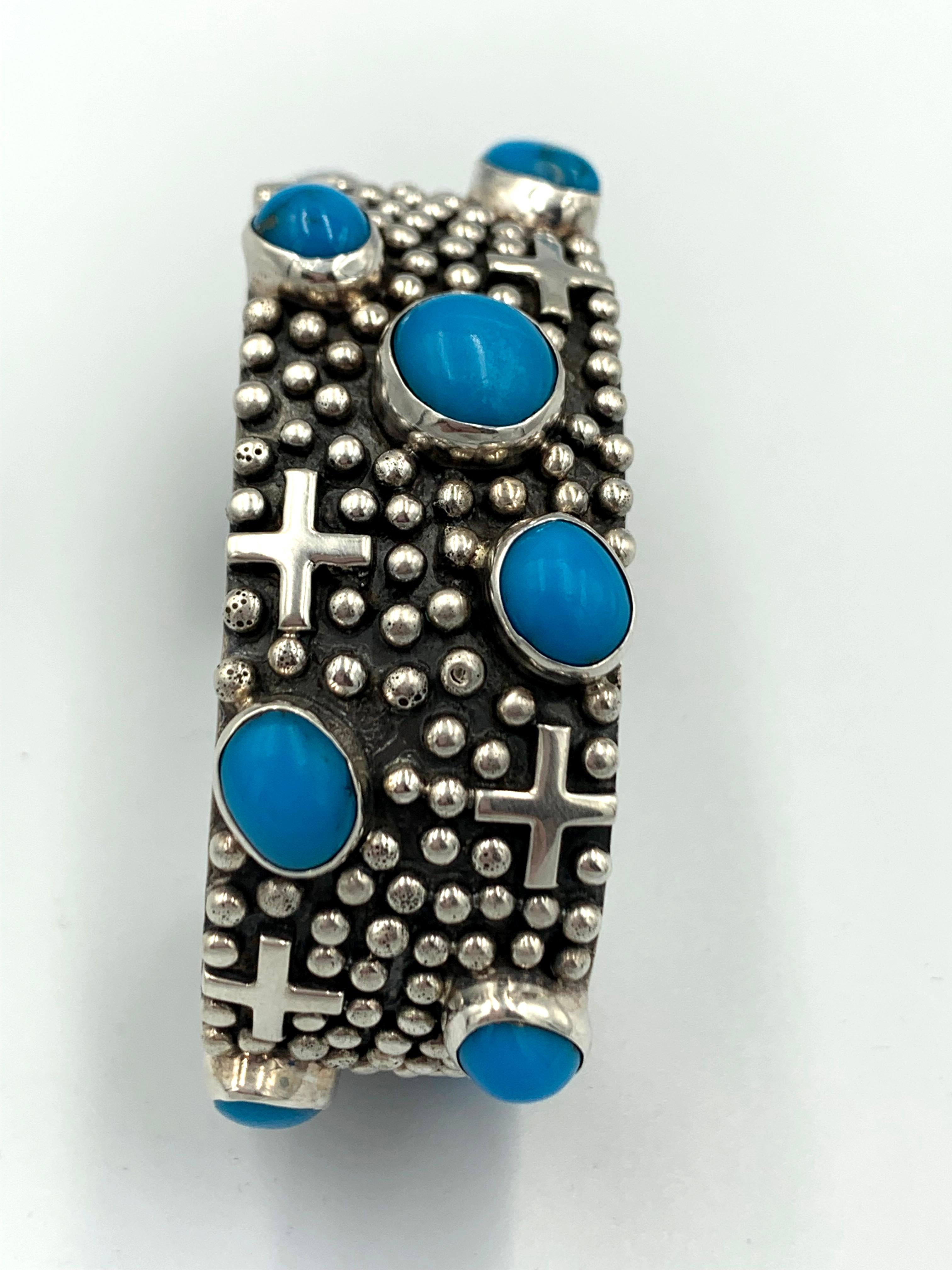 da uomo o donna Bracciale in argento con croci e gocce di pioggia e turchese di Ronnie Willie in vendita