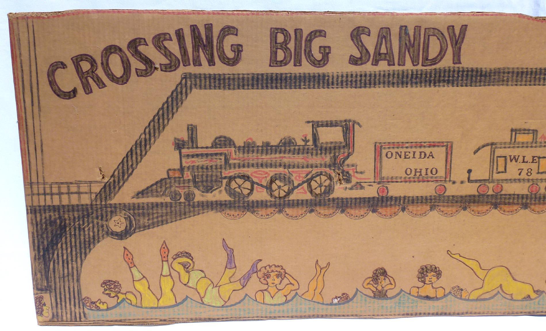 Folk Art Crossing Big Sandy by the Outsider Artist Lewis Smith, Crayon, Marker For Sale