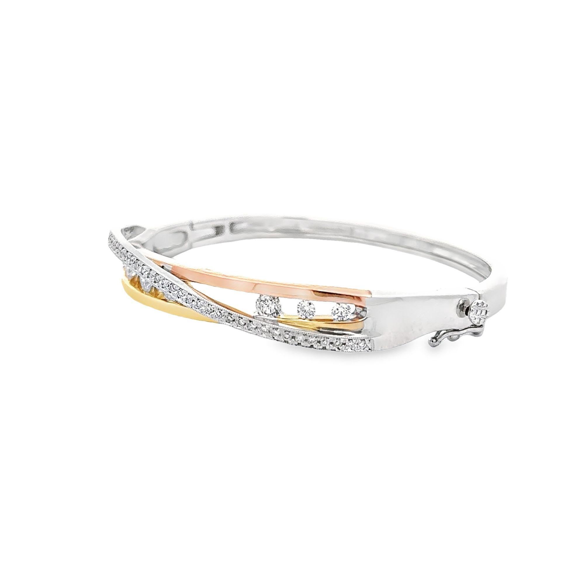 Round Cut Crossing Diamond Channel Set 14k Multi-Color Gold Bangle Bracelet For Sale